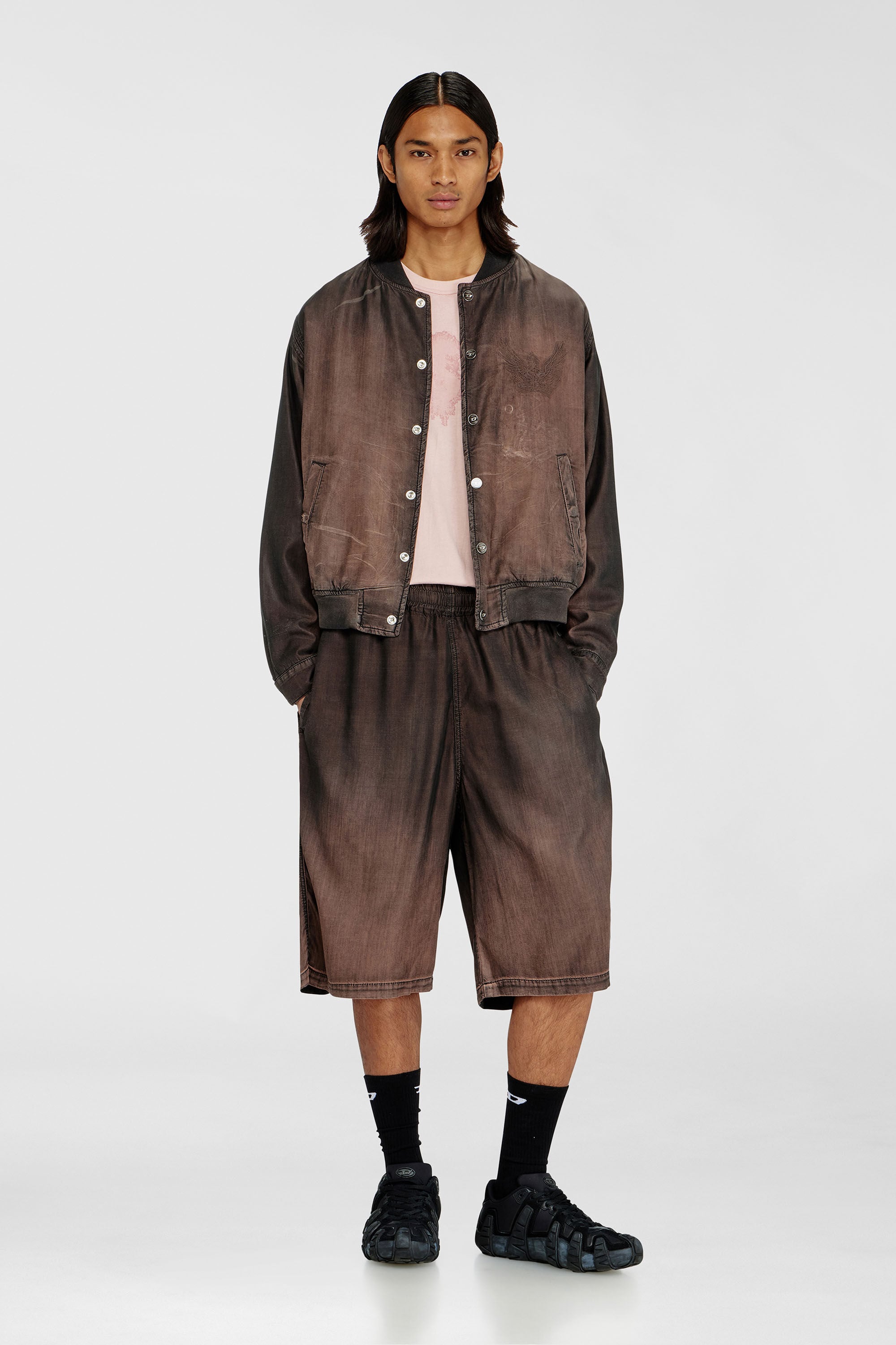 Diesel - D-RODER-SHORT-S, Unisex's Relaxed bermuda shorts in fluid coated denim in Brown - 1