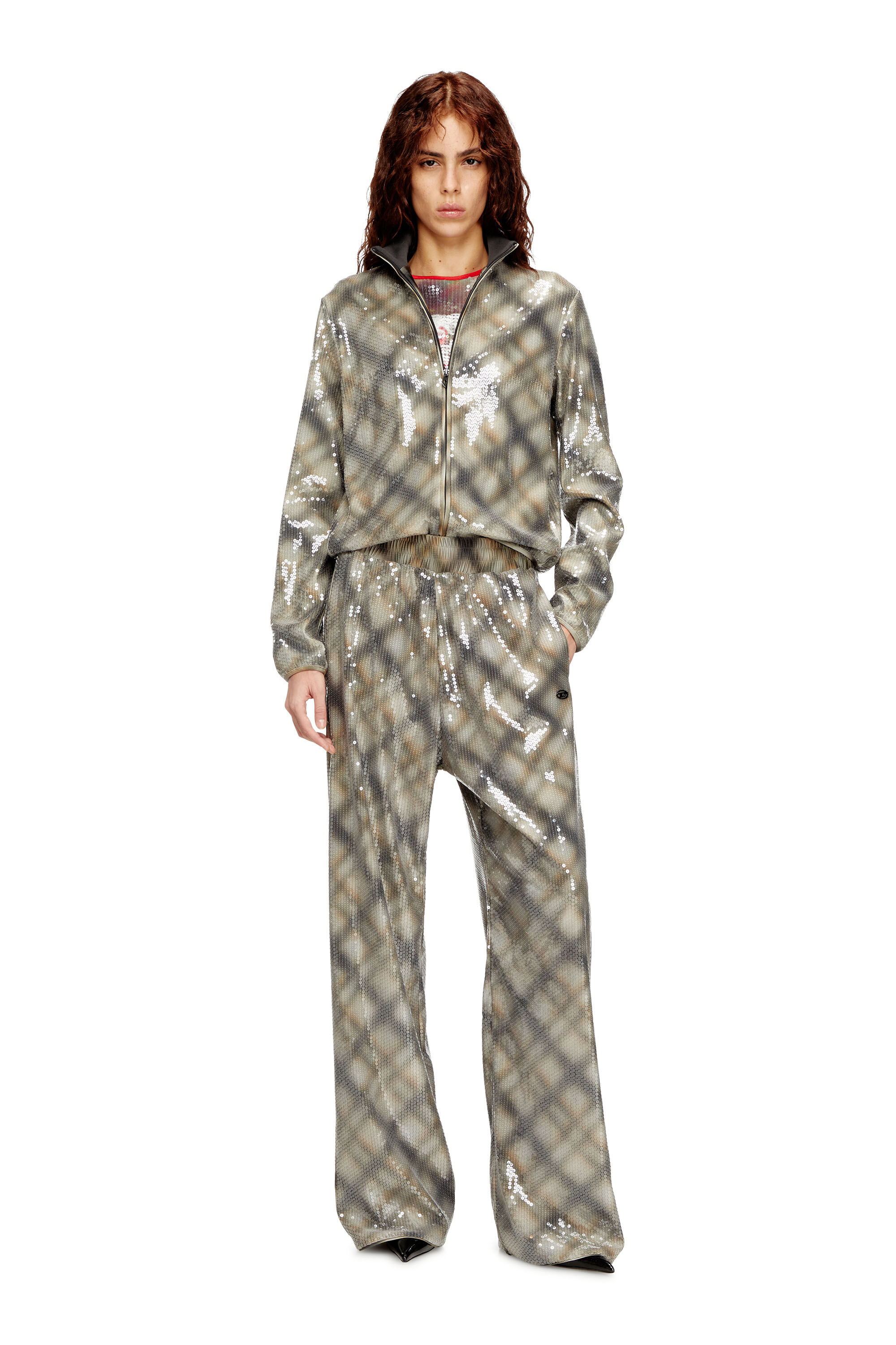 Diesel - P-ERQUEEN, Woman's Sequined pants in with plaid design in Beige/Grey - 1