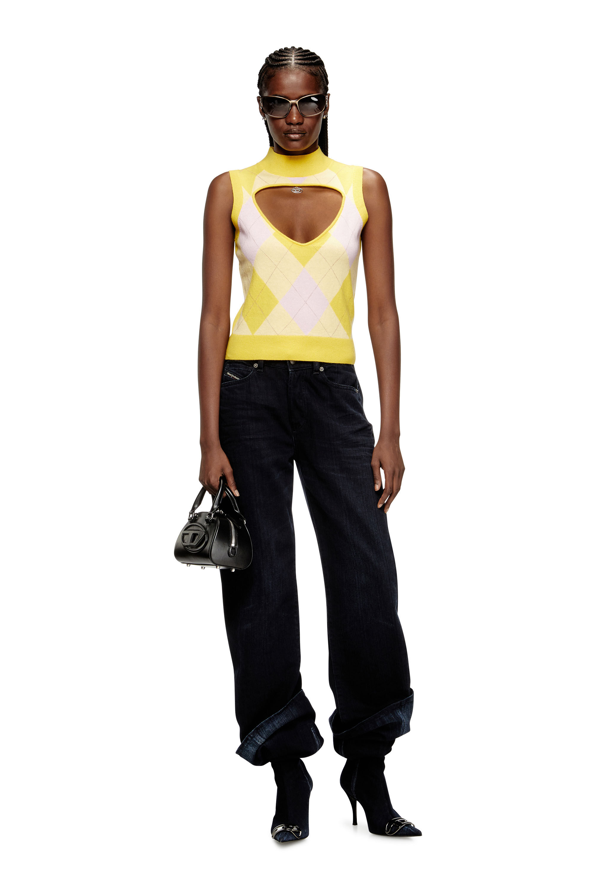 Diesel - M-ROMKO-SL, Woman's Cut-out turtleneck vest in argyle wool in null - 1