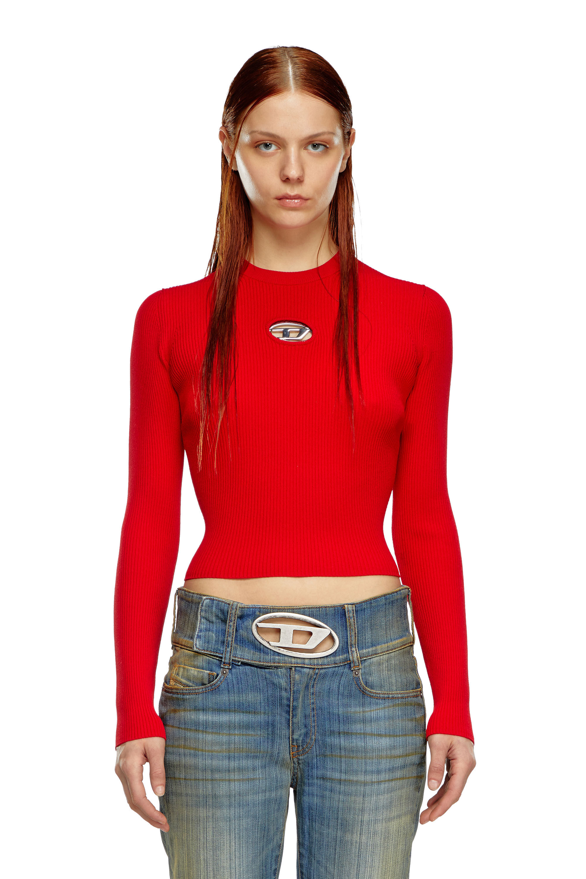 Diesel - M-VALARI, Woman Rib-knit viscose-blend top with Oval D in Red - Image 3