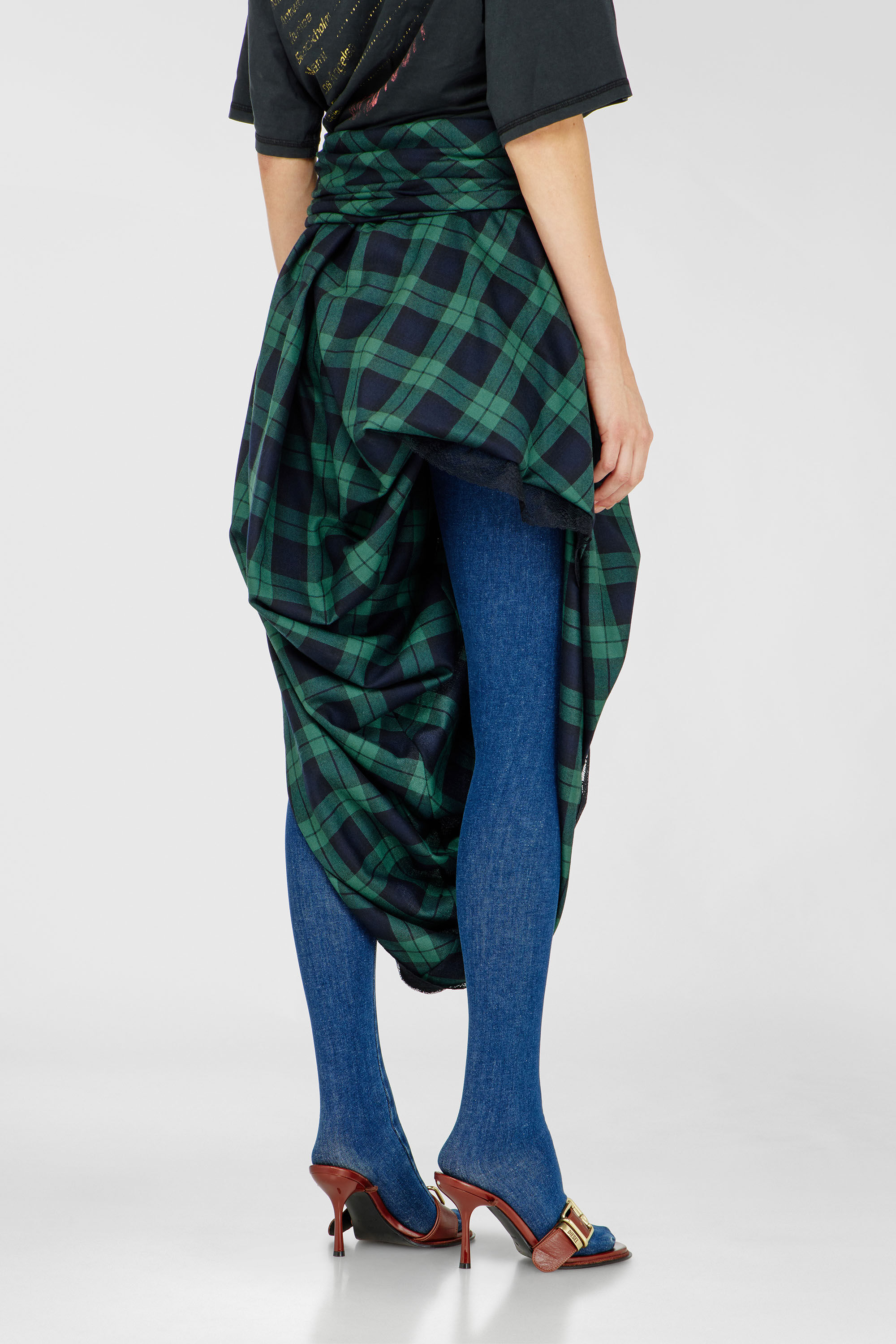Diesel - O-WINNY, Woman's Draped tartan midi skirt with lace trim in Green/Blue - 4