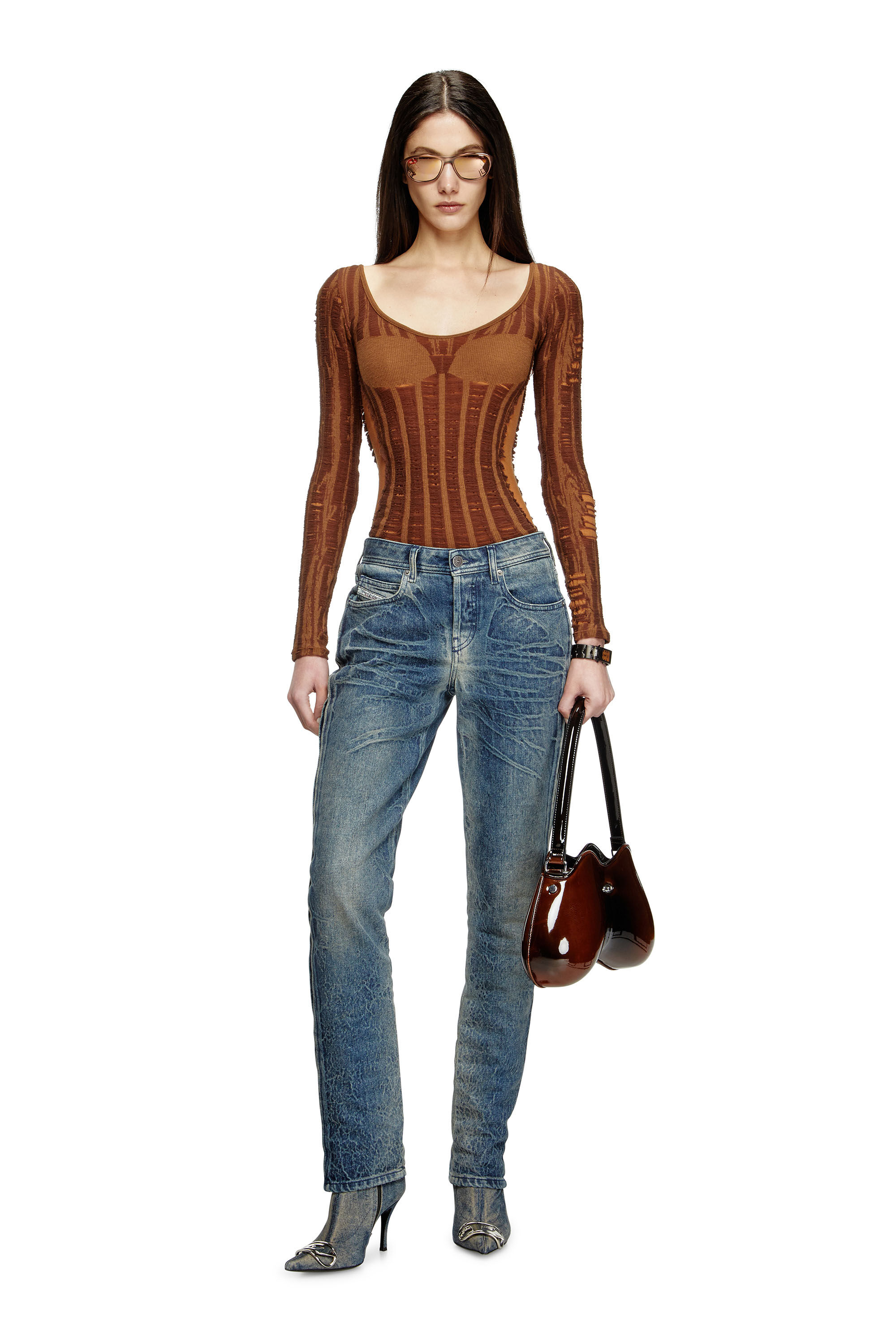 Diesel - M-CALAI, Woman's Seamless top with lingerie illusion in Brown - 1