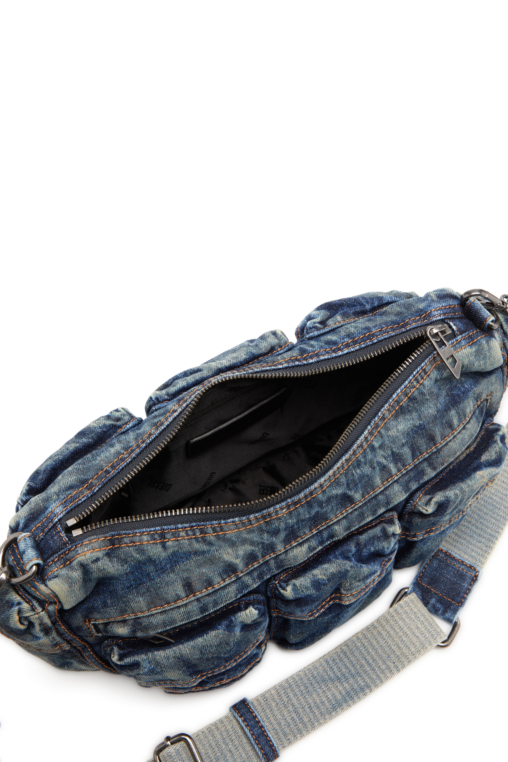 Diesel - RE-EDITION TRAVEL 3000 SHOULDER BAG X, Unisex's Travel 3000-Multipocket bag in treated denim in Blue - 5