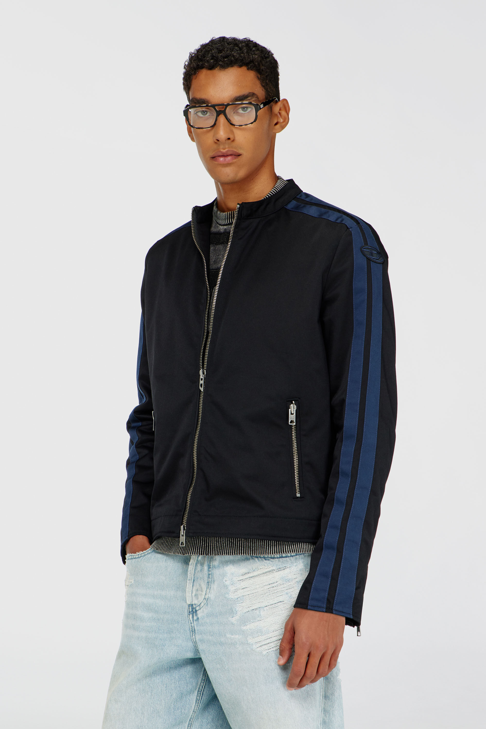 Diesel - J-NAEL, Man's Sporty biker jacket in technical cotton blend in Blue/Black - 3
