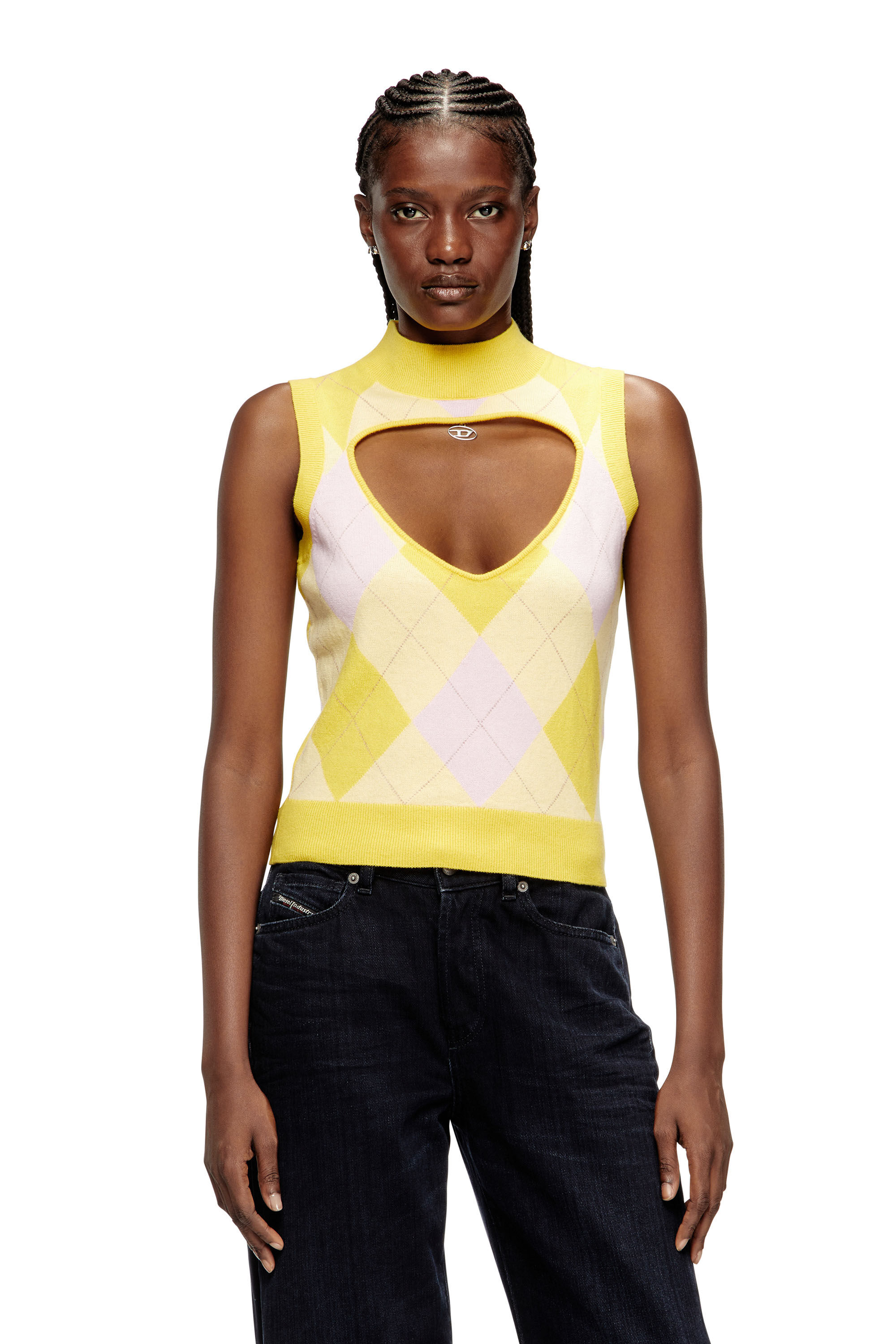 Diesel - M-ROMKO-SL, Woman's Cut-out turtleneck vest in argyle wool in null - 3