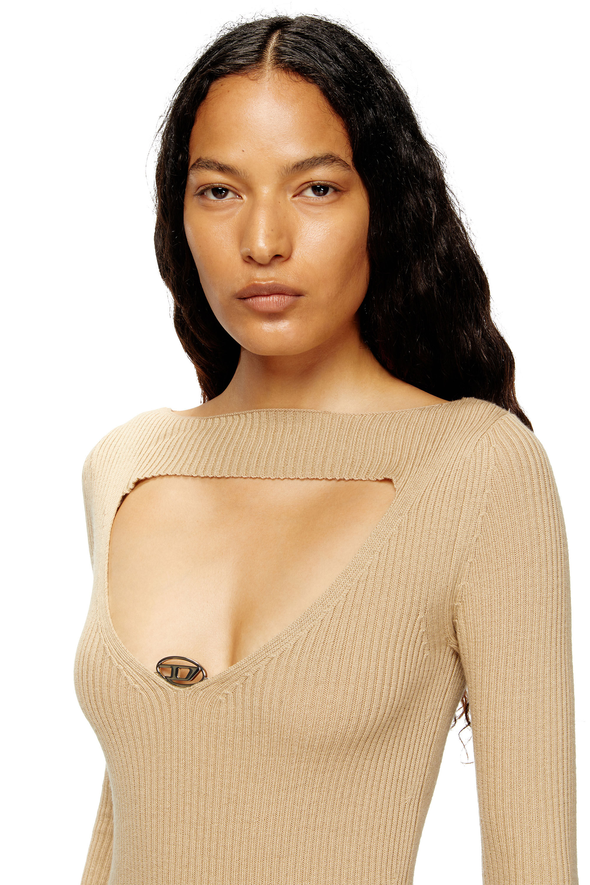 Diesel - M-OLONI, Woman's Midi wool dress with inlay in Light Brown - 5