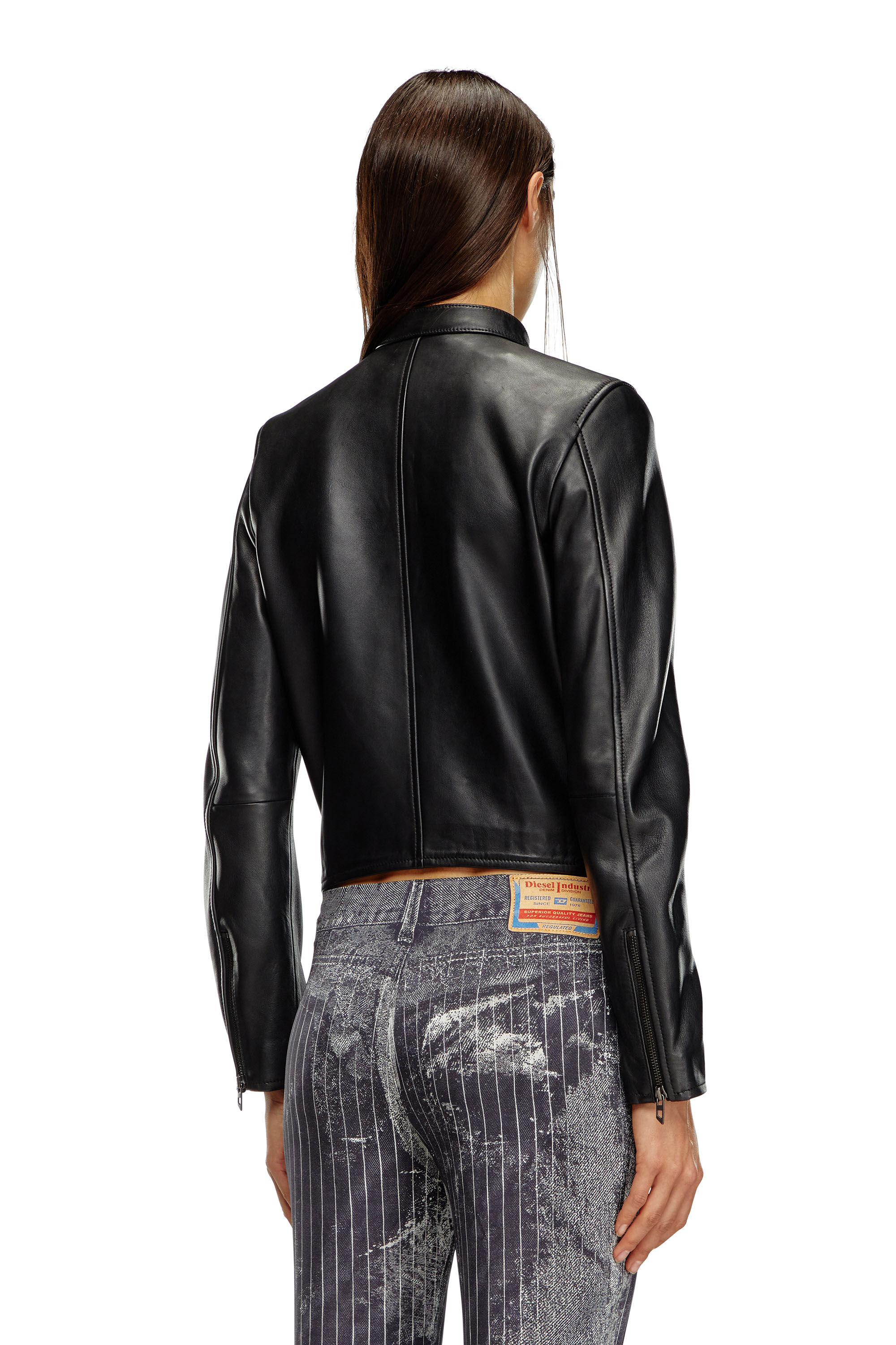 Diesel - L-AYLA, Woman's Leather biker jacket with embossed logo in Black - 4