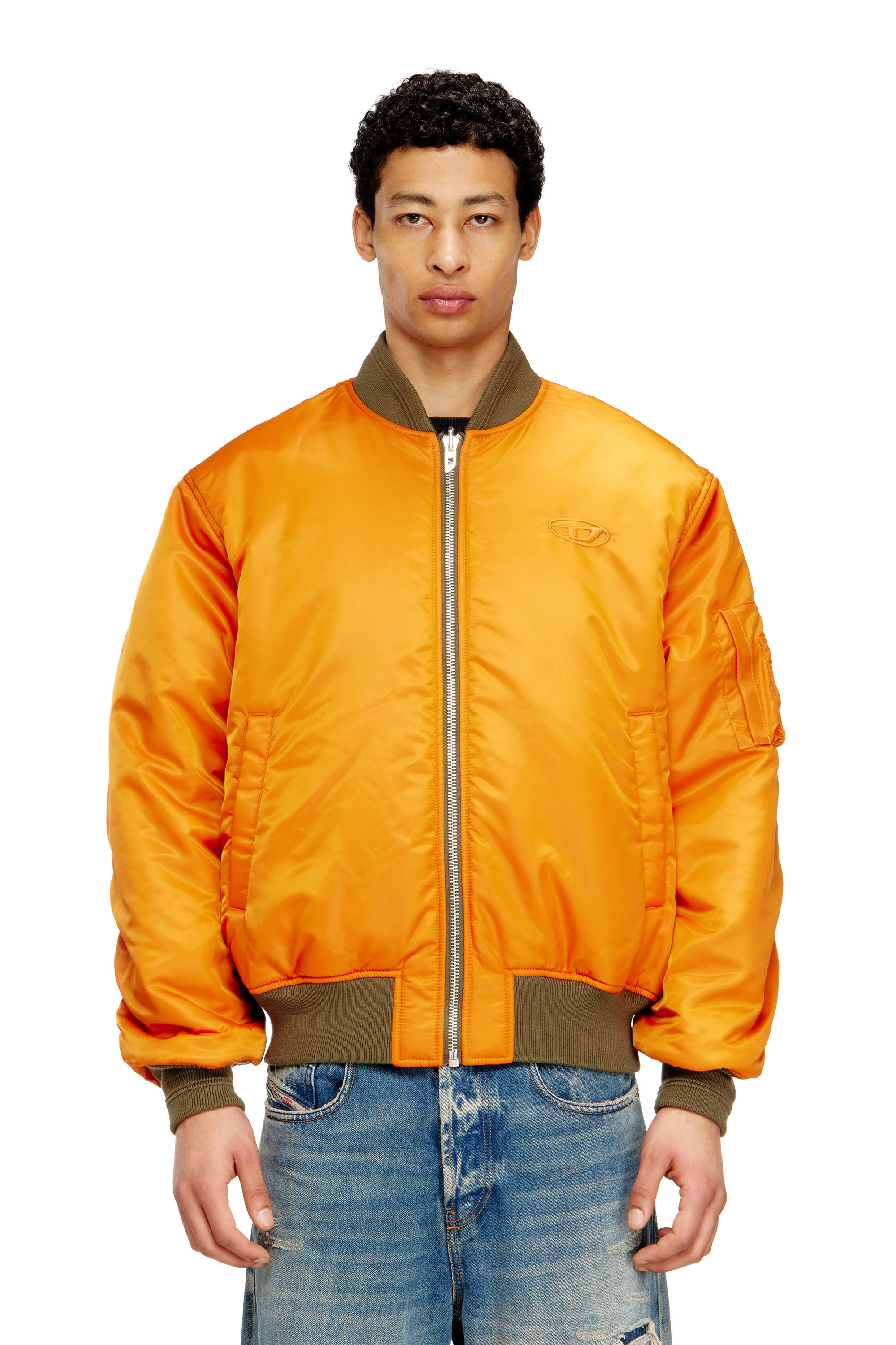 Diesel - W-TYPE-D1, Man's Padded bomber jacket with Oval D embroidery in Green/Orange - 7