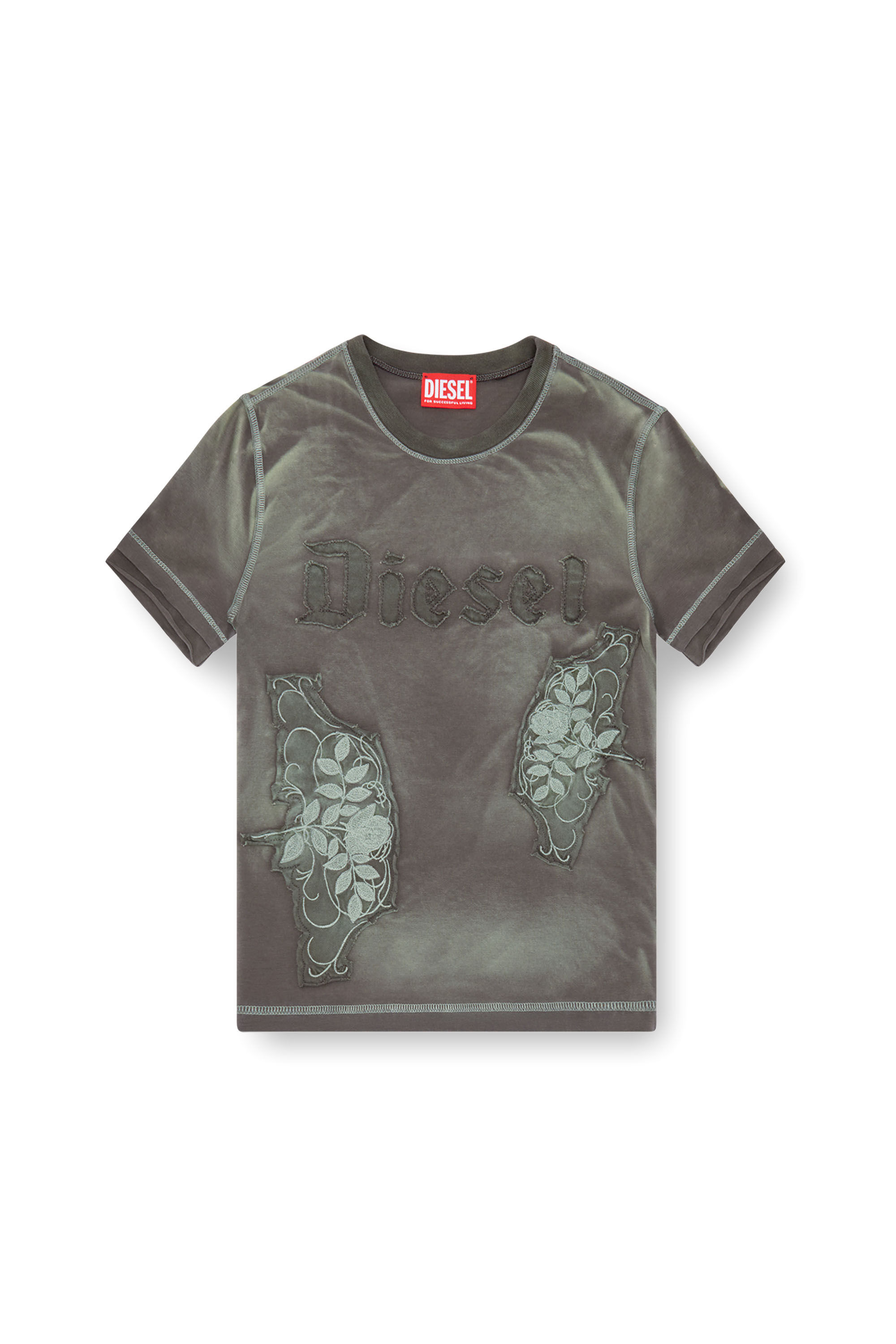 Diesel - T-UNCUT, Woman's T-shirt with embroidered floral patches in Green - 2