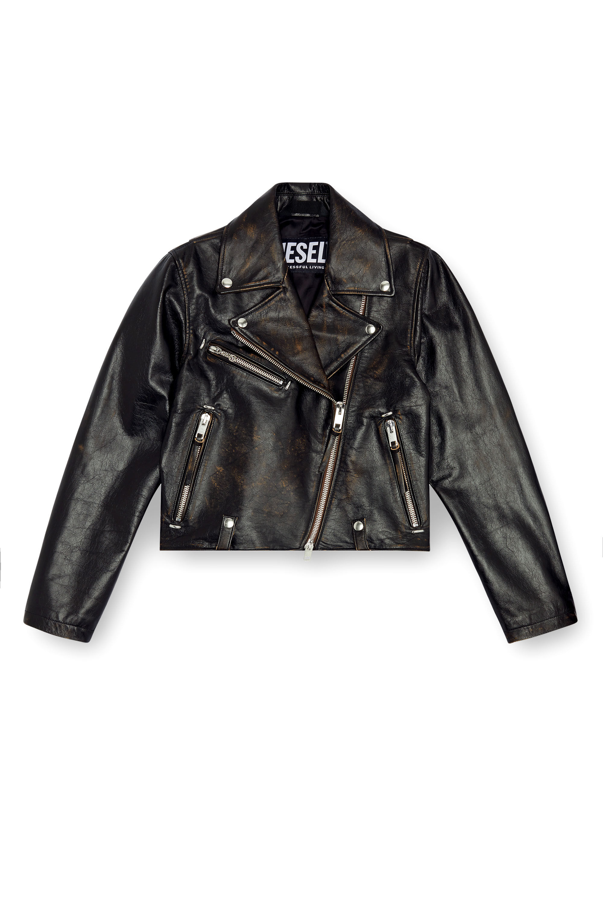 Diesel - L-EDMEA-CL, Woman's Biker jacket in treated leather in Black - 2