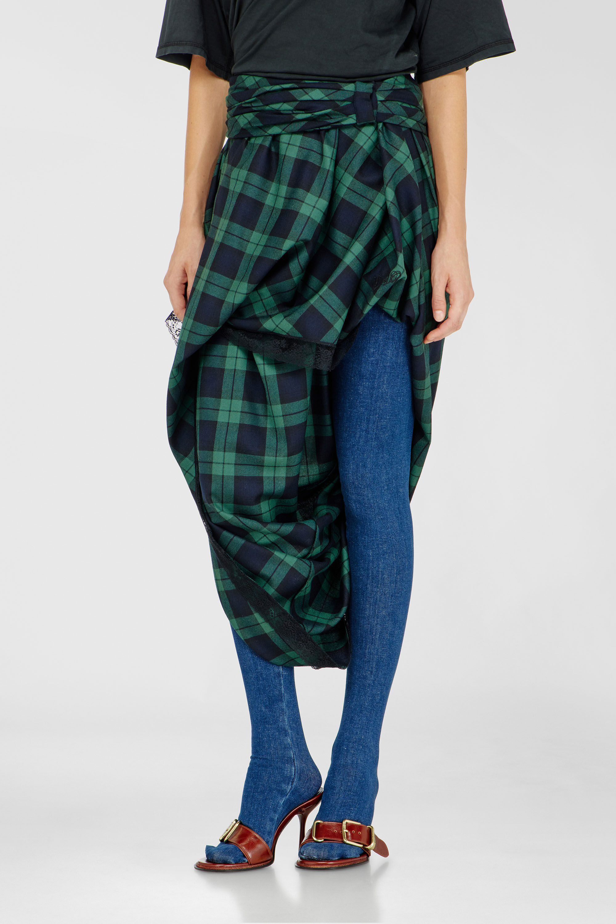 Diesel - O-WINNY, Woman's Draped tartan midi skirt with lace trim in Green/Blue - 3