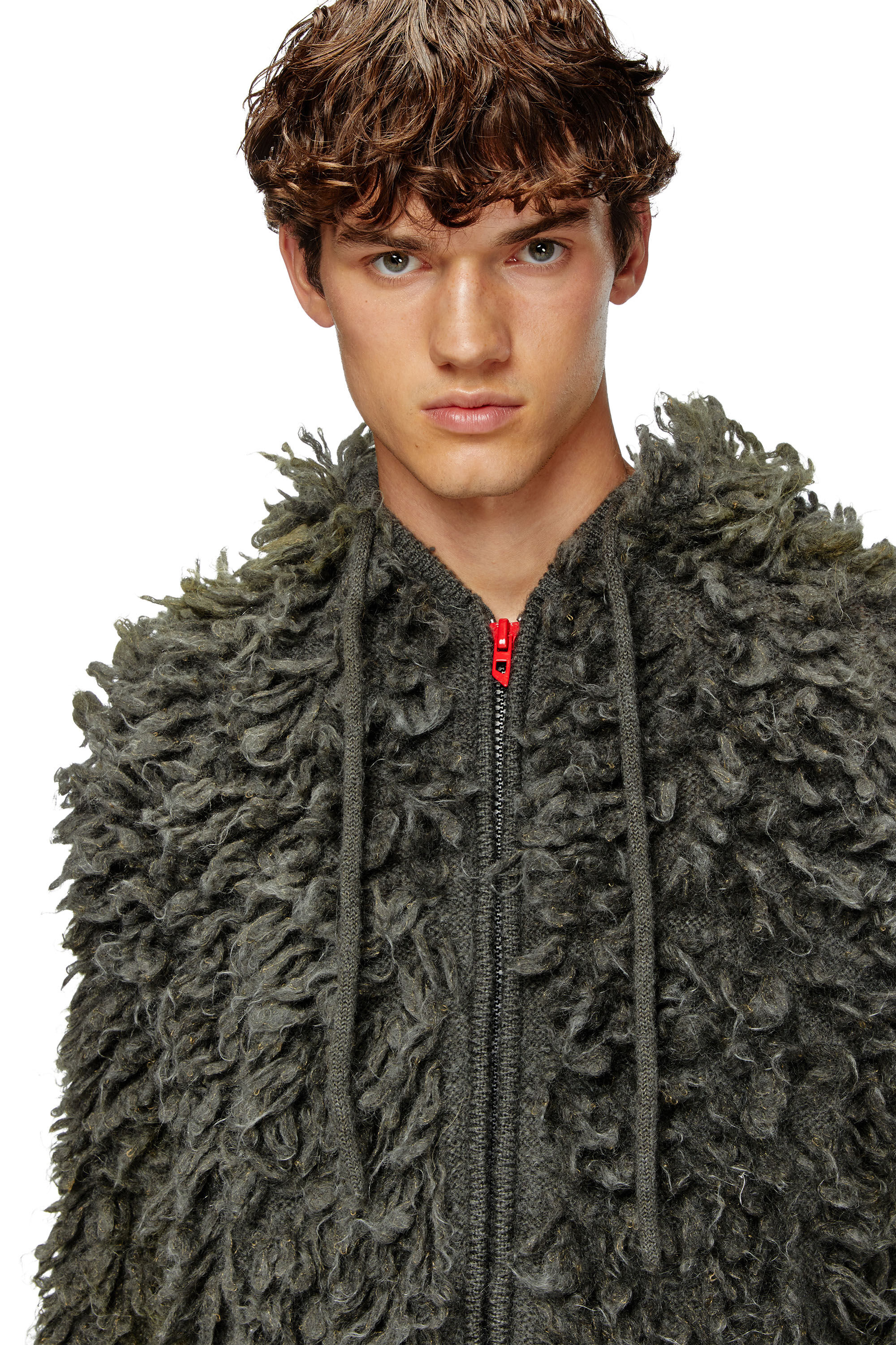 Diesel - K-WHITMAN, Man's Hooded cardigan in shaggy knit in Dark grey - 5