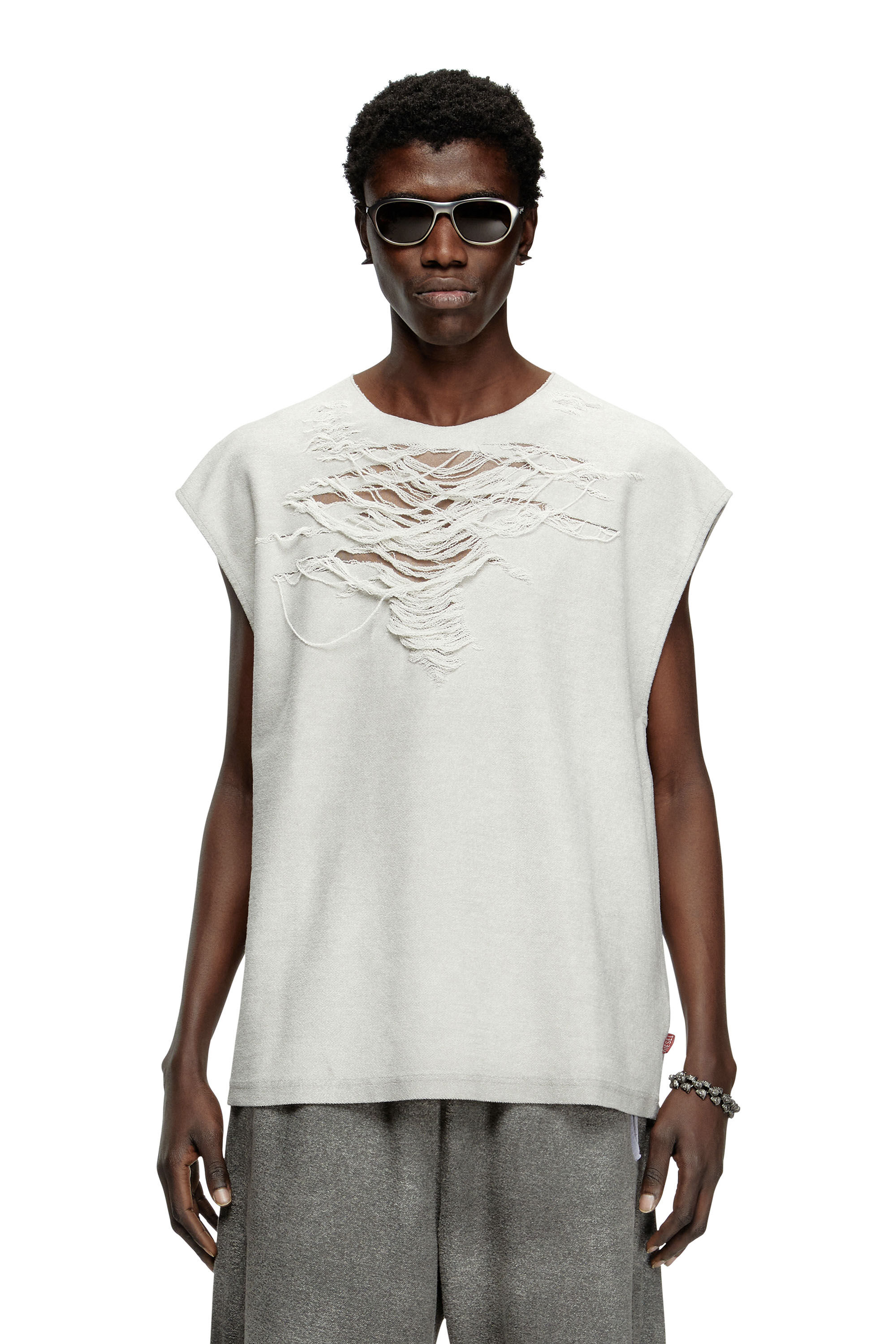 Diesel - S-RUB-SL, Man's Sleeveless sweatshirt with distressed front in Light Grey - 3
