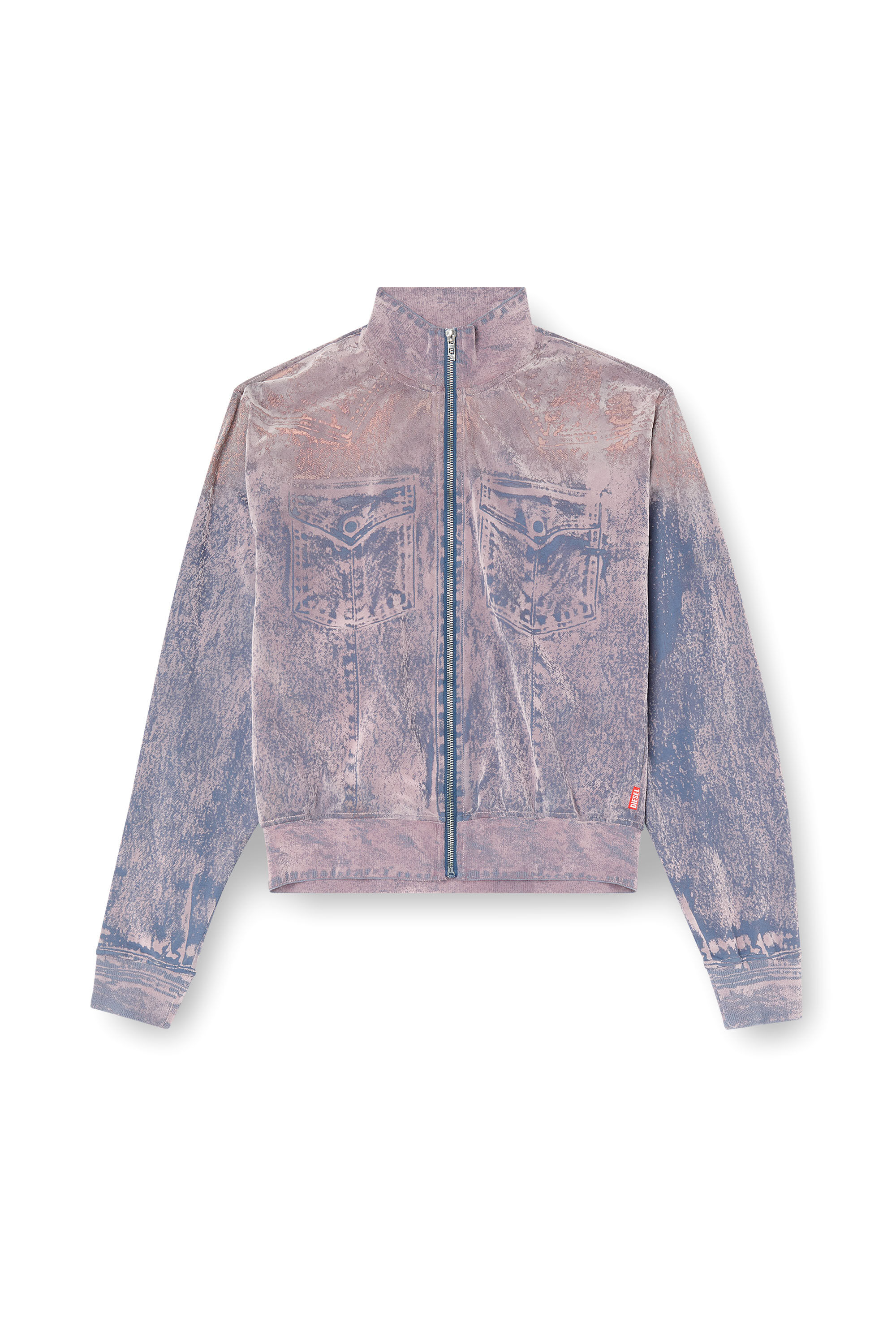 Diesel - F-SLITLY, Woman's Trompe l'oeil flocked zip-up sweatshirt in Blue/Violet - 2