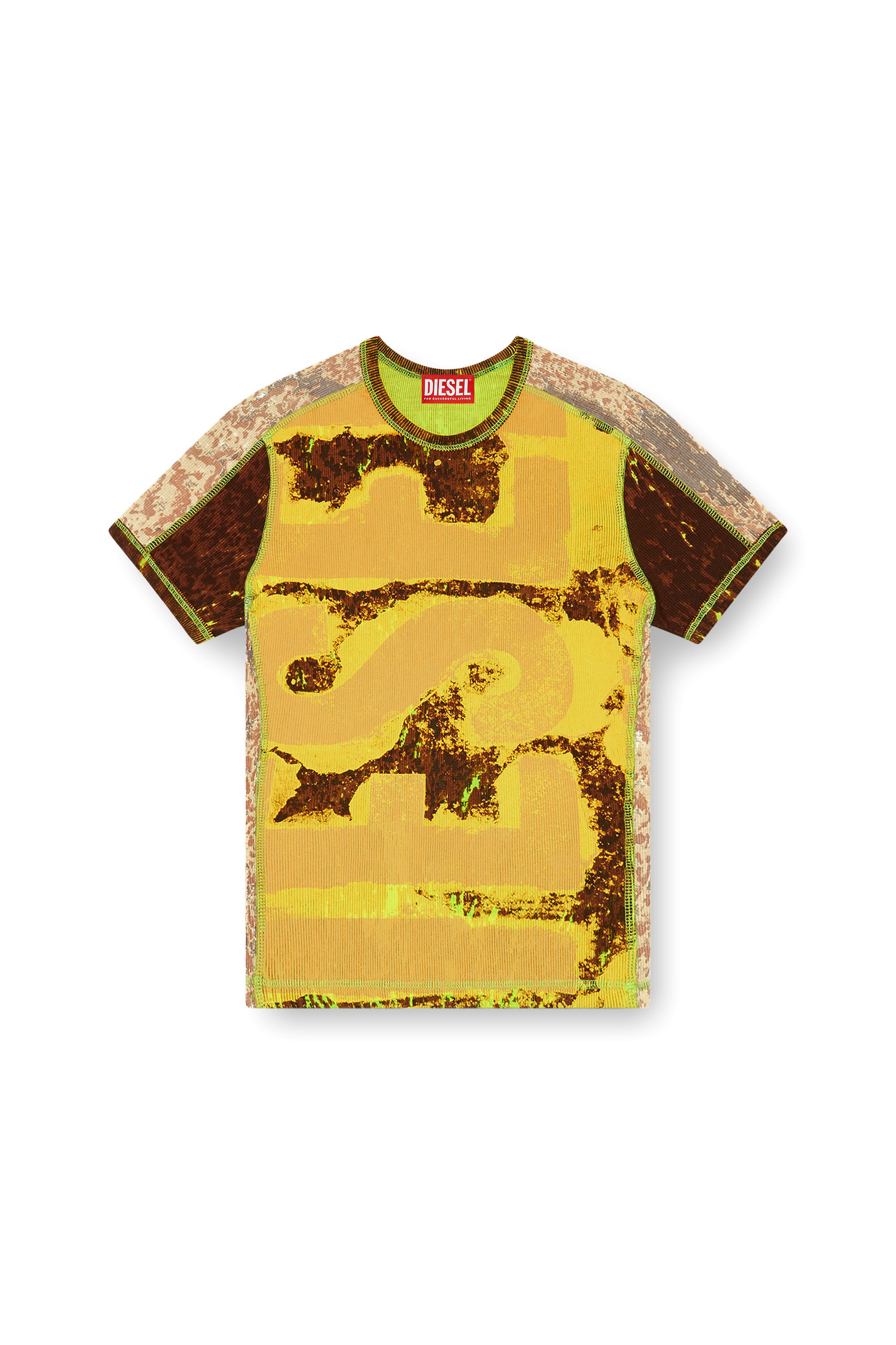 Diesel - T-ELE-LONG-P5, Woman's Ribbed T-shirt with abstract print in Brown/Yellow - 2