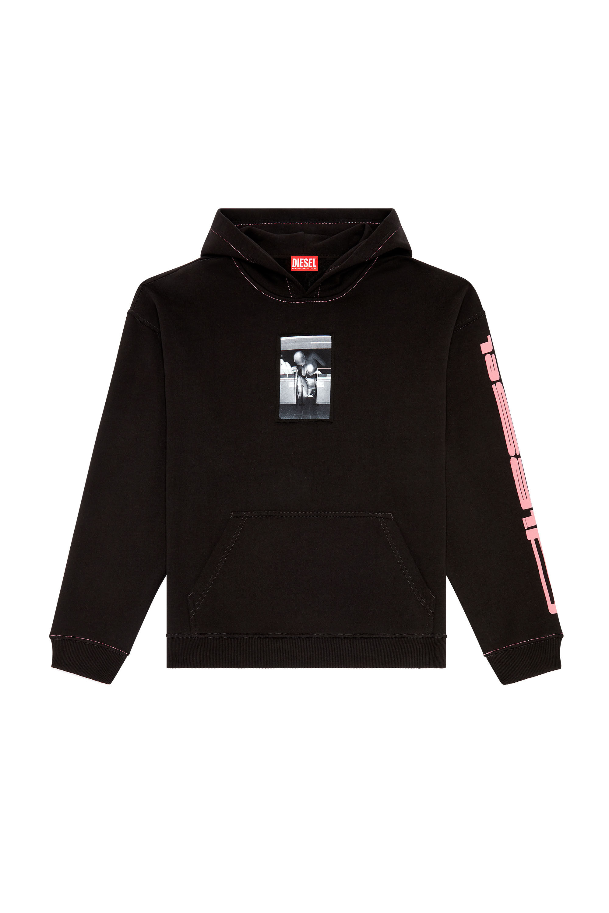 Diesel - S-BOXT-HOOD-N5, Man's Hooded sweatshirt with raw-cut patches in Black - 1