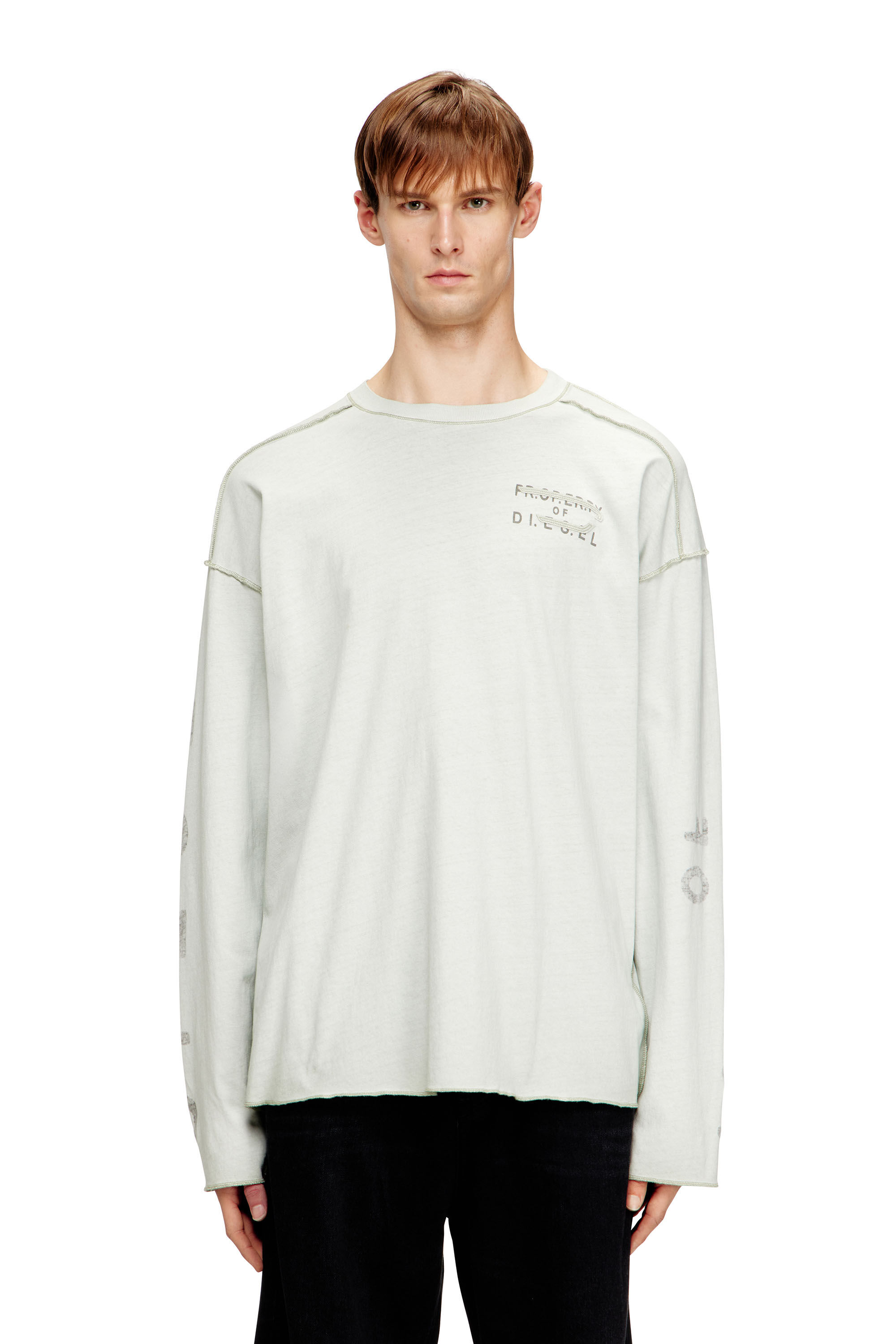 Diesel - T-LOOK-LS, Man's Relaxed long-sleeve T-shirt with printed sleeves in Light Grey - 3