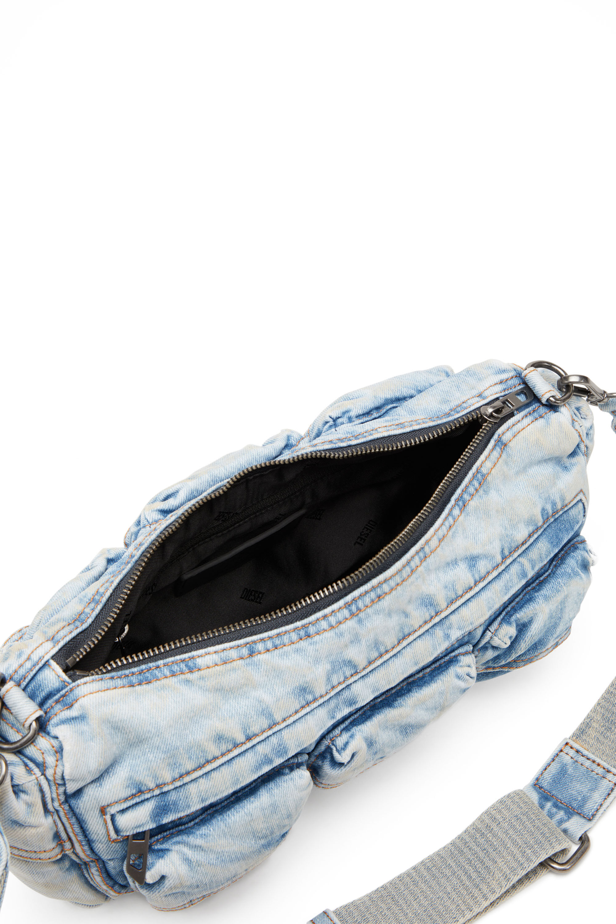 Diesel - RE-EDITION TRAVEL 3000 SHOULDER BAG X, Unisex's Travel 3000-Multipocket bag in treated denim in Light Blue - 5