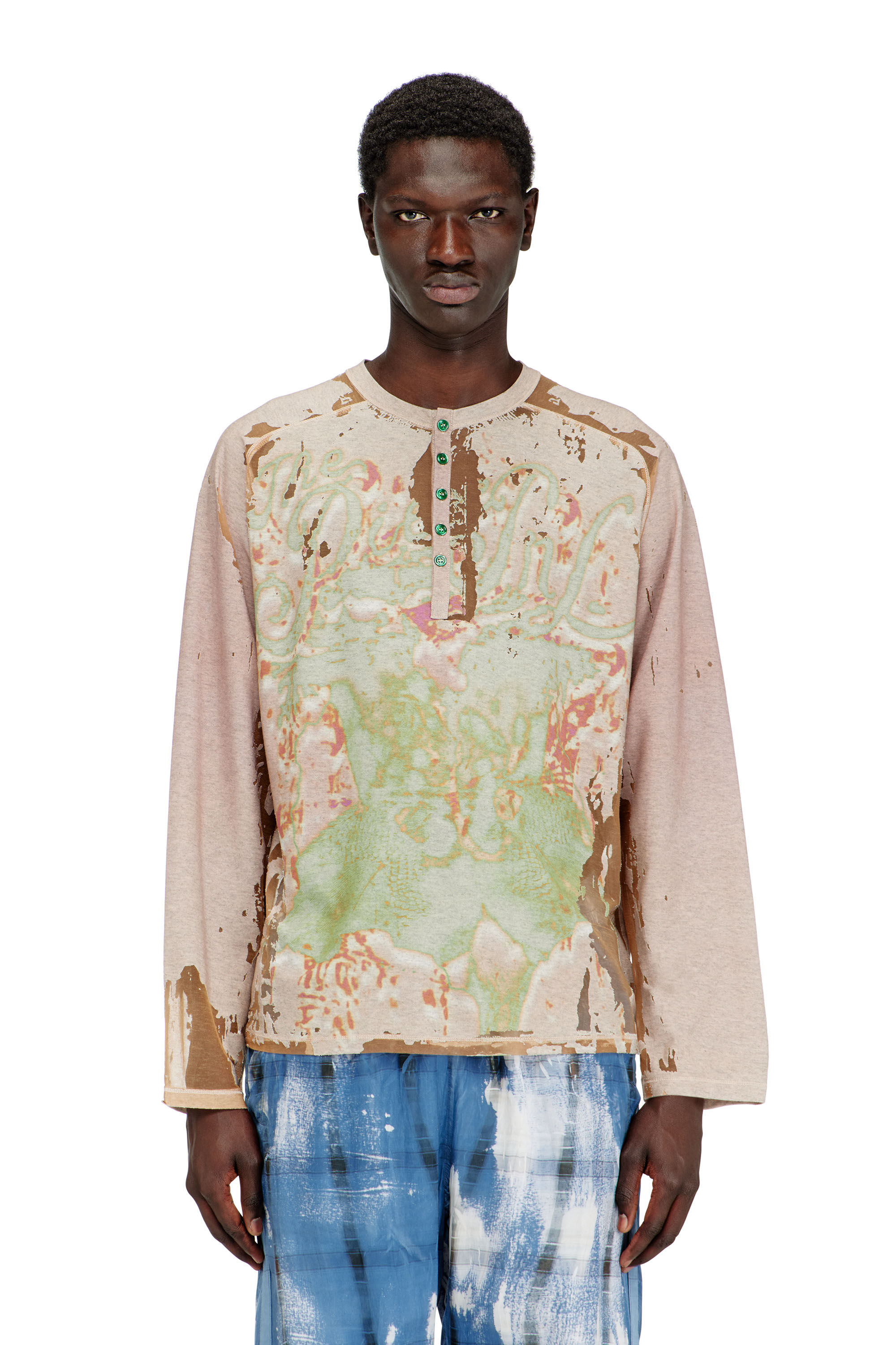 Diesel - T-LIVO-LS, Man's Henley shirt in printed devor&eacute; jersey in Beige - 2