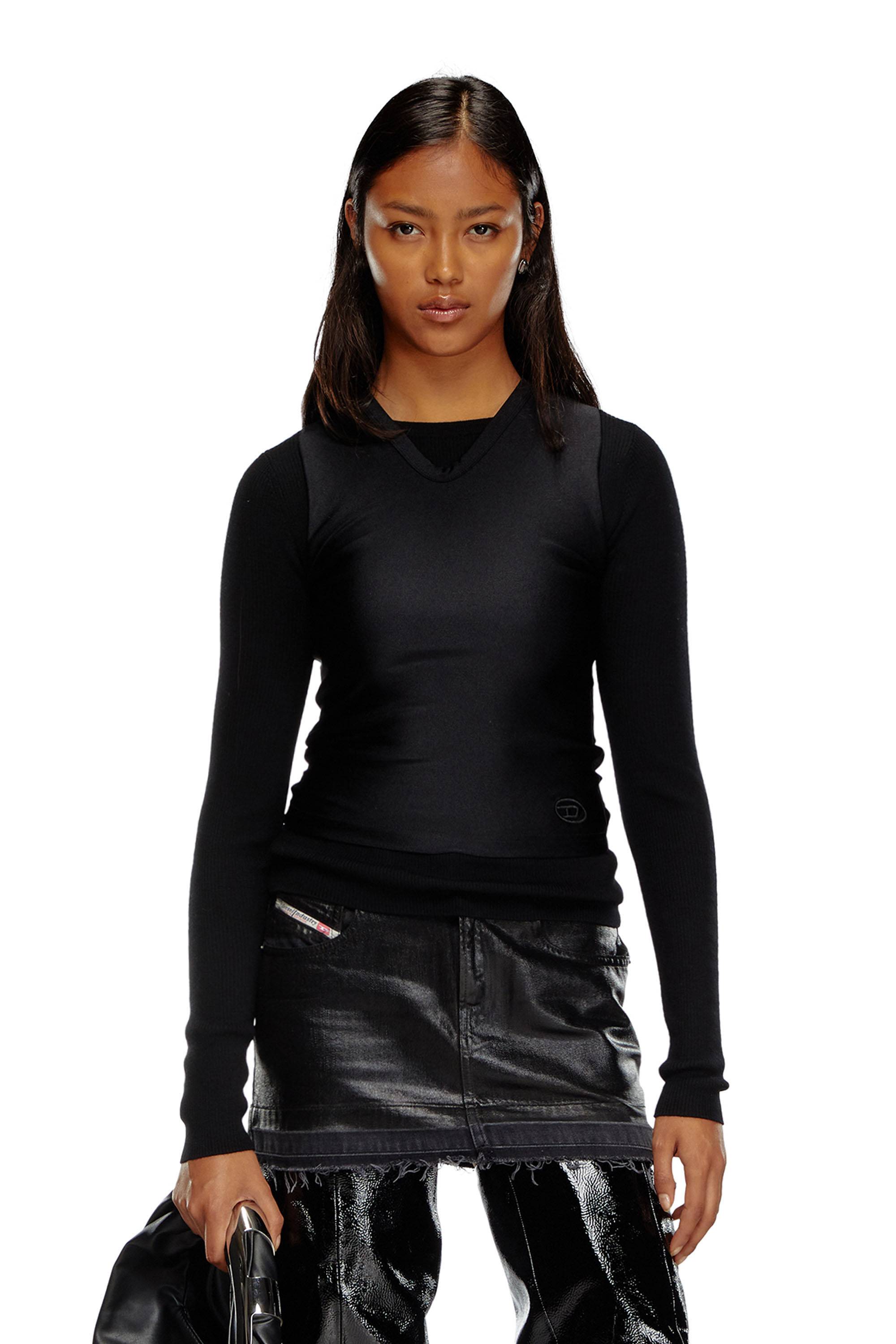 Diesel - M-ROSEL, Woman's Wool-knit top with tank overlay in Black - 3