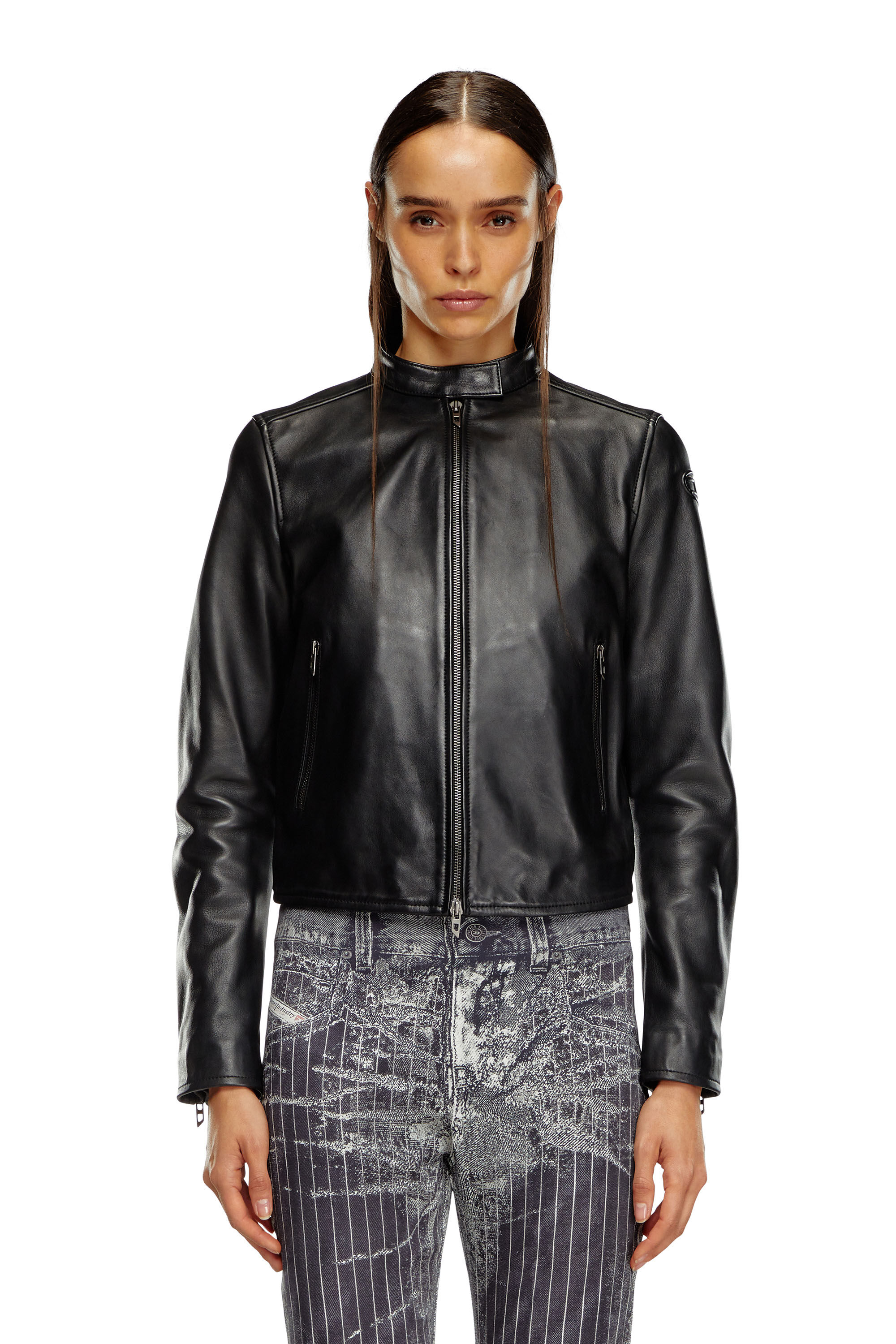 Diesel - L-AYLA, Woman's Leather biker jacket with embossed logo in Black - 6