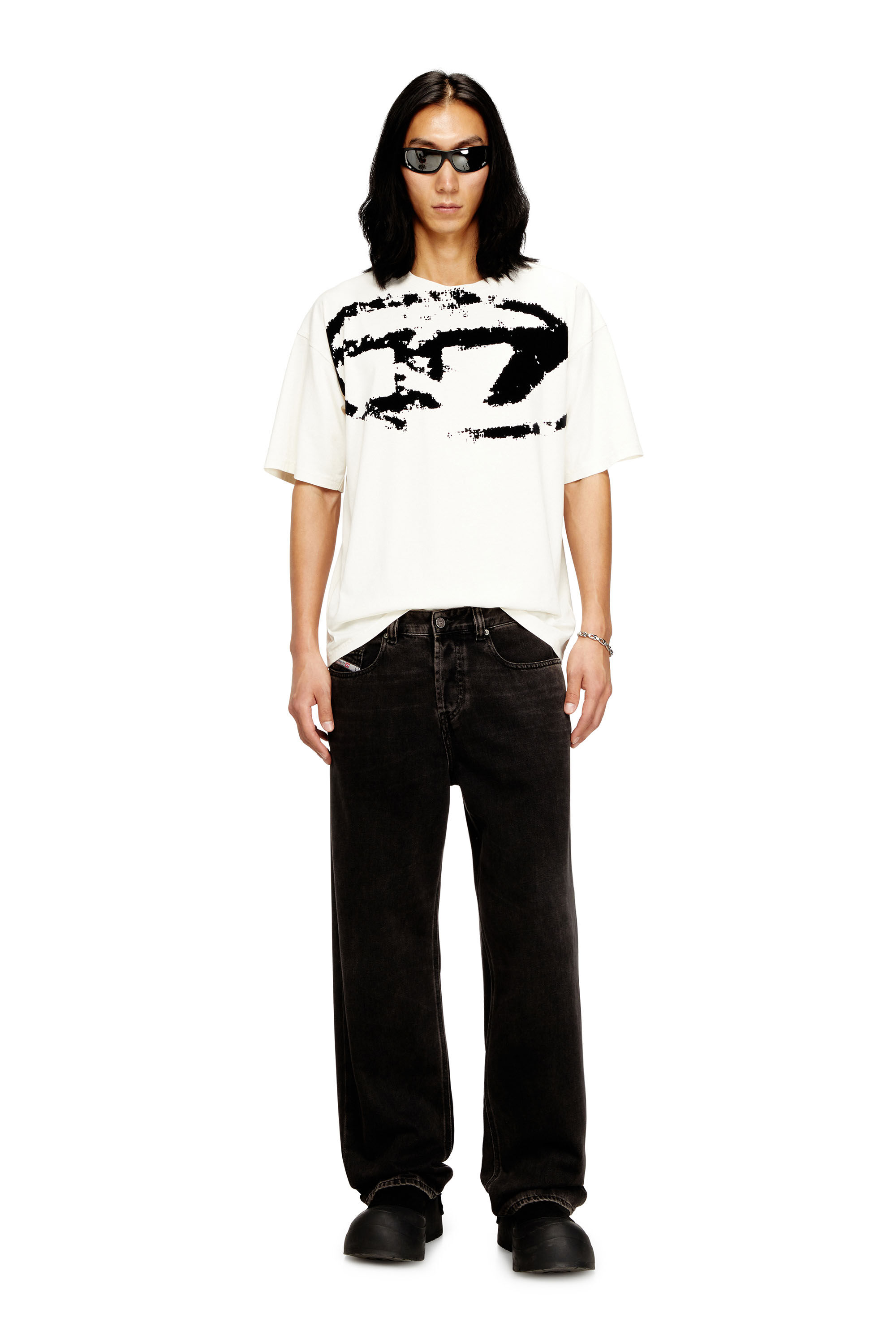 Diesel - T-BOXT-N14, Man's T-shirt with distressed flocked logo in White/Black - 1