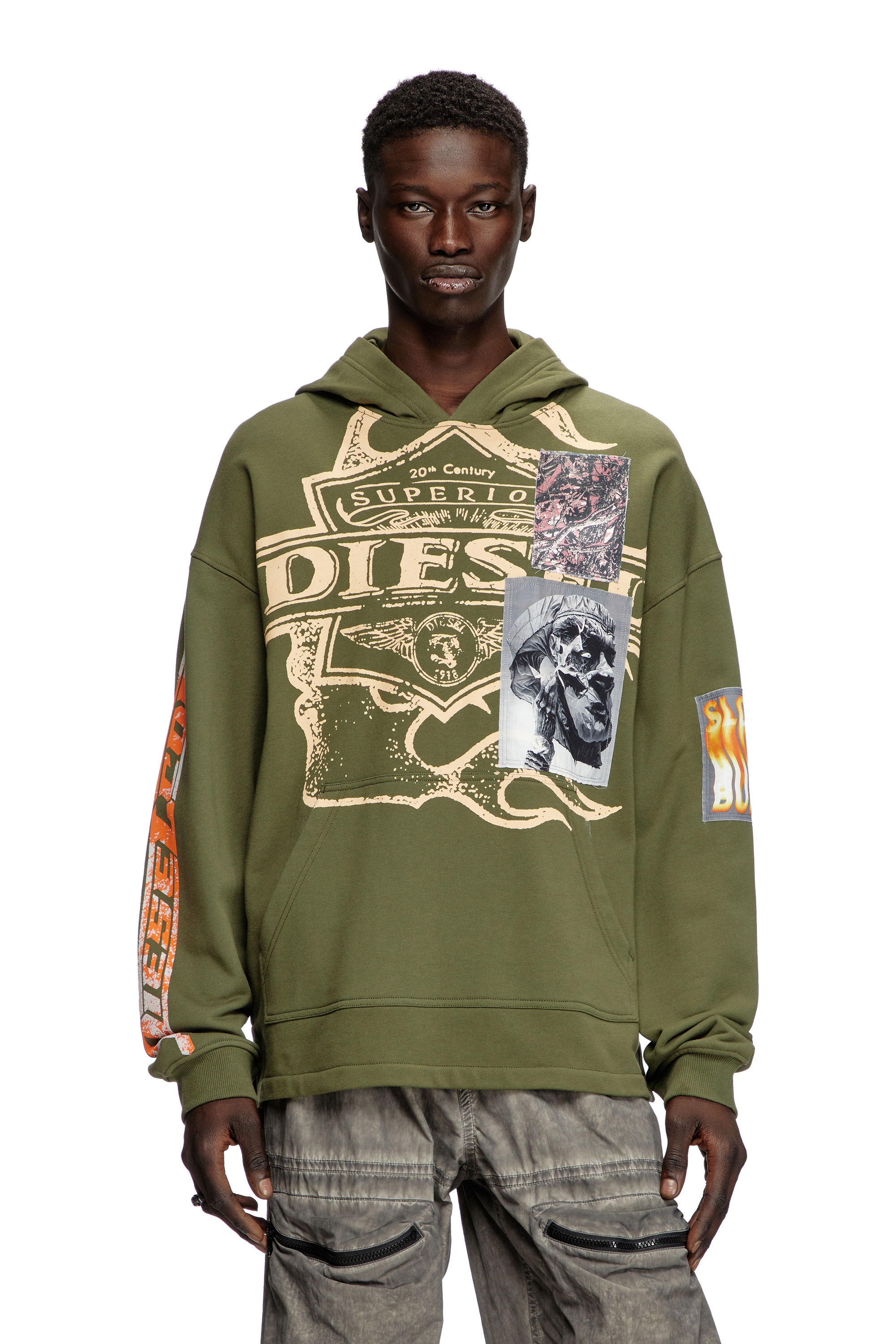 Diesel - S-BAXT-HOOD-R1, Man's Hoodie with prints and logo patches in Olive Green - 3