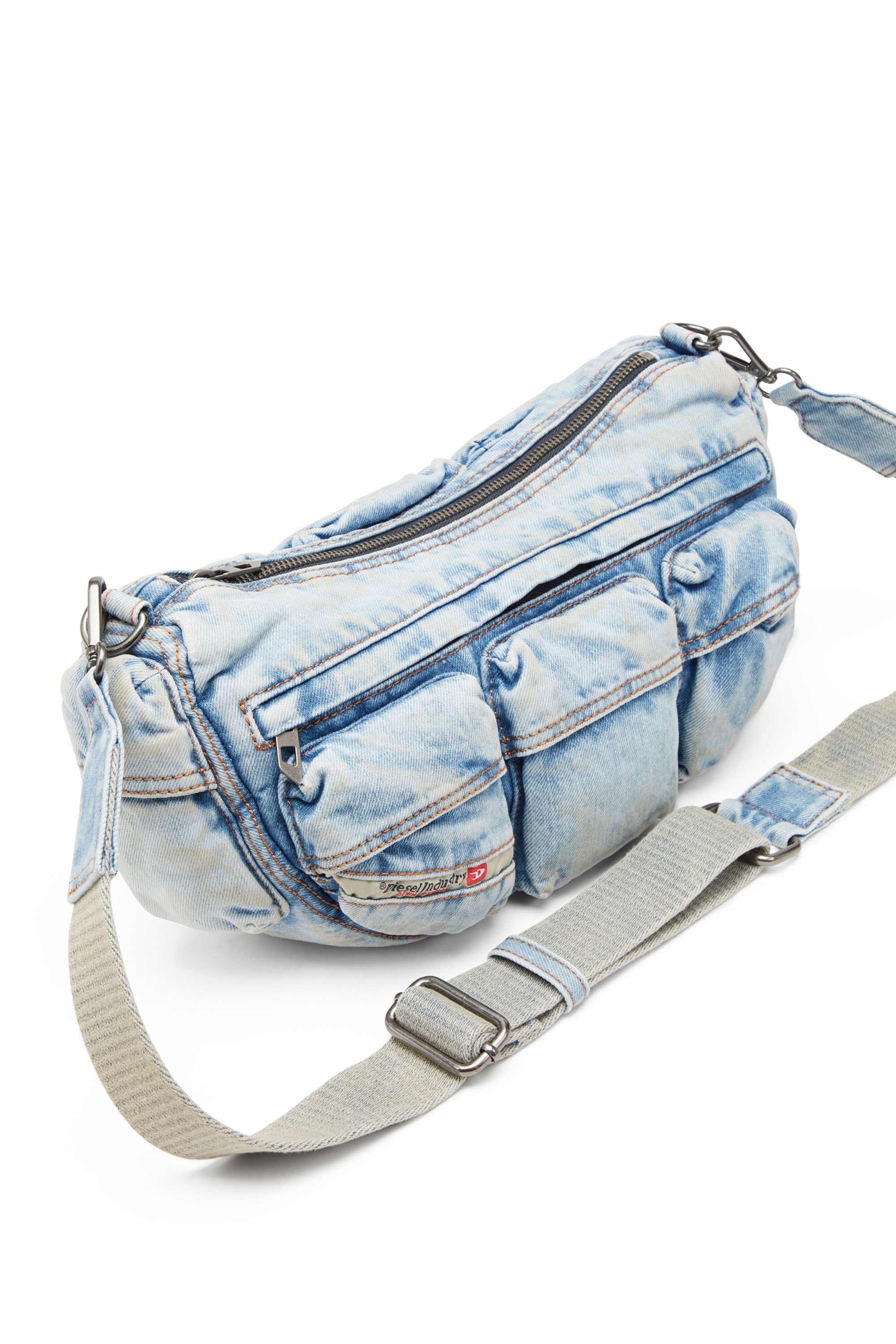 Diesel - RE-EDITION TRAVEL 3000 SHOULDER BAG X, Unisex's Travel 3000-Multipocket bag in treated denim in Light Blue - 2