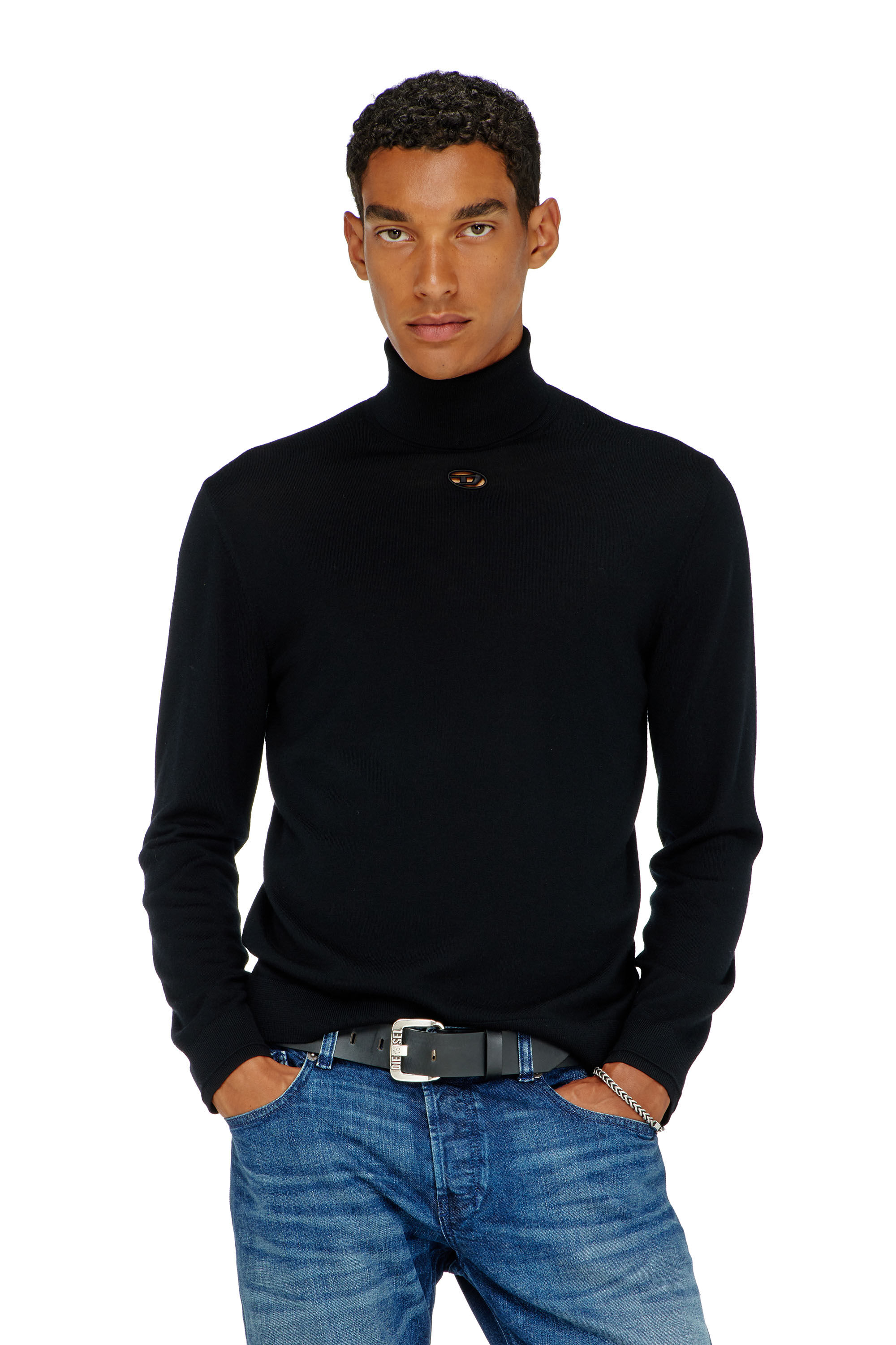 Diesel - K-VARTA, Man's Wool turtleneck jumper with cut-out logo in Black - 3
