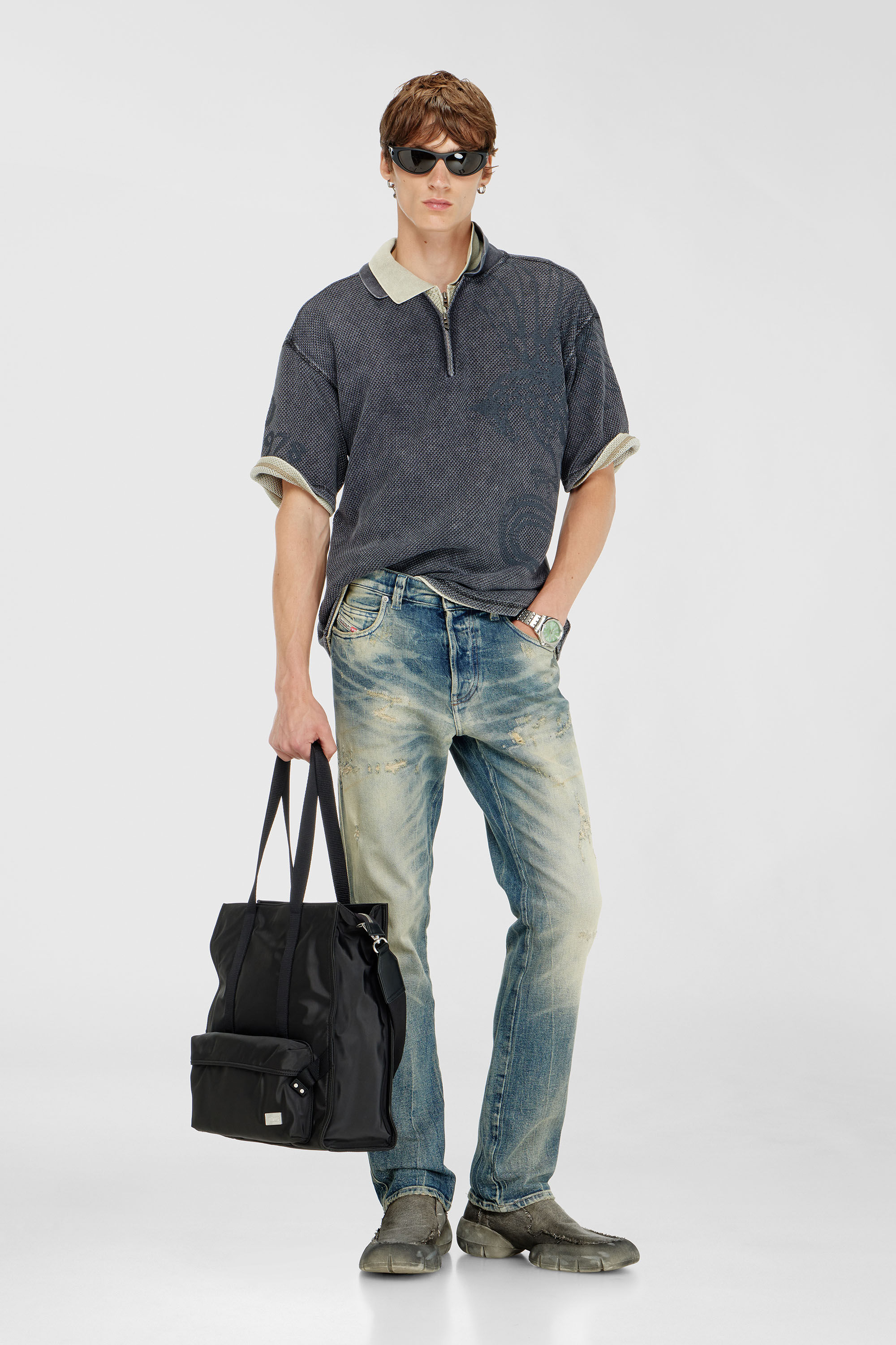 Diesel - T-ERRY-ZIP, Man's Mesh-jacquard polo shirt with Phoenix print in Dark grey - 1