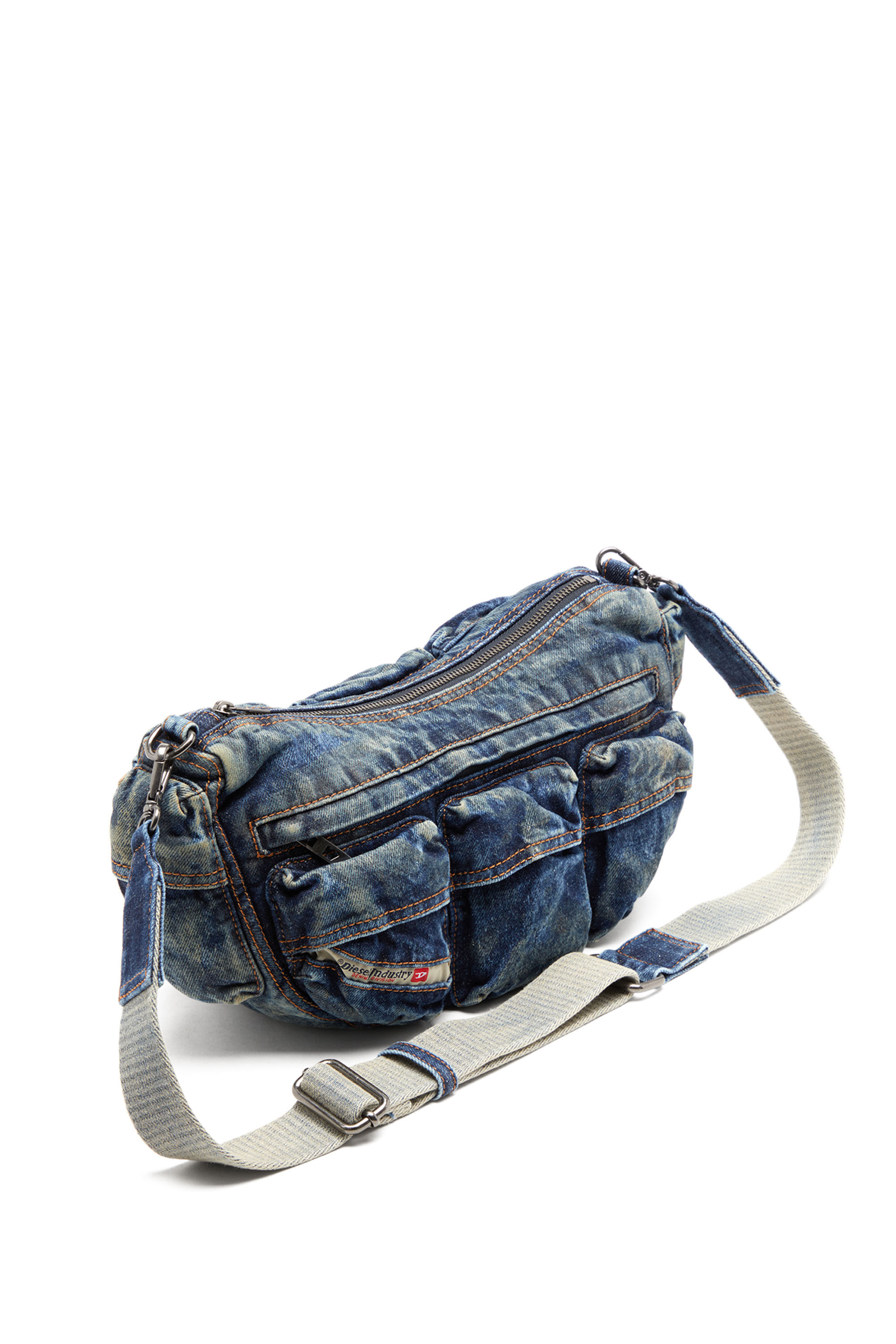 Diesel - RE-EDITION TRAVEL 3000 SHOULDER BAG X, Unisex's Travel 3000-Multipocket bag in treated denim in Blue - 2