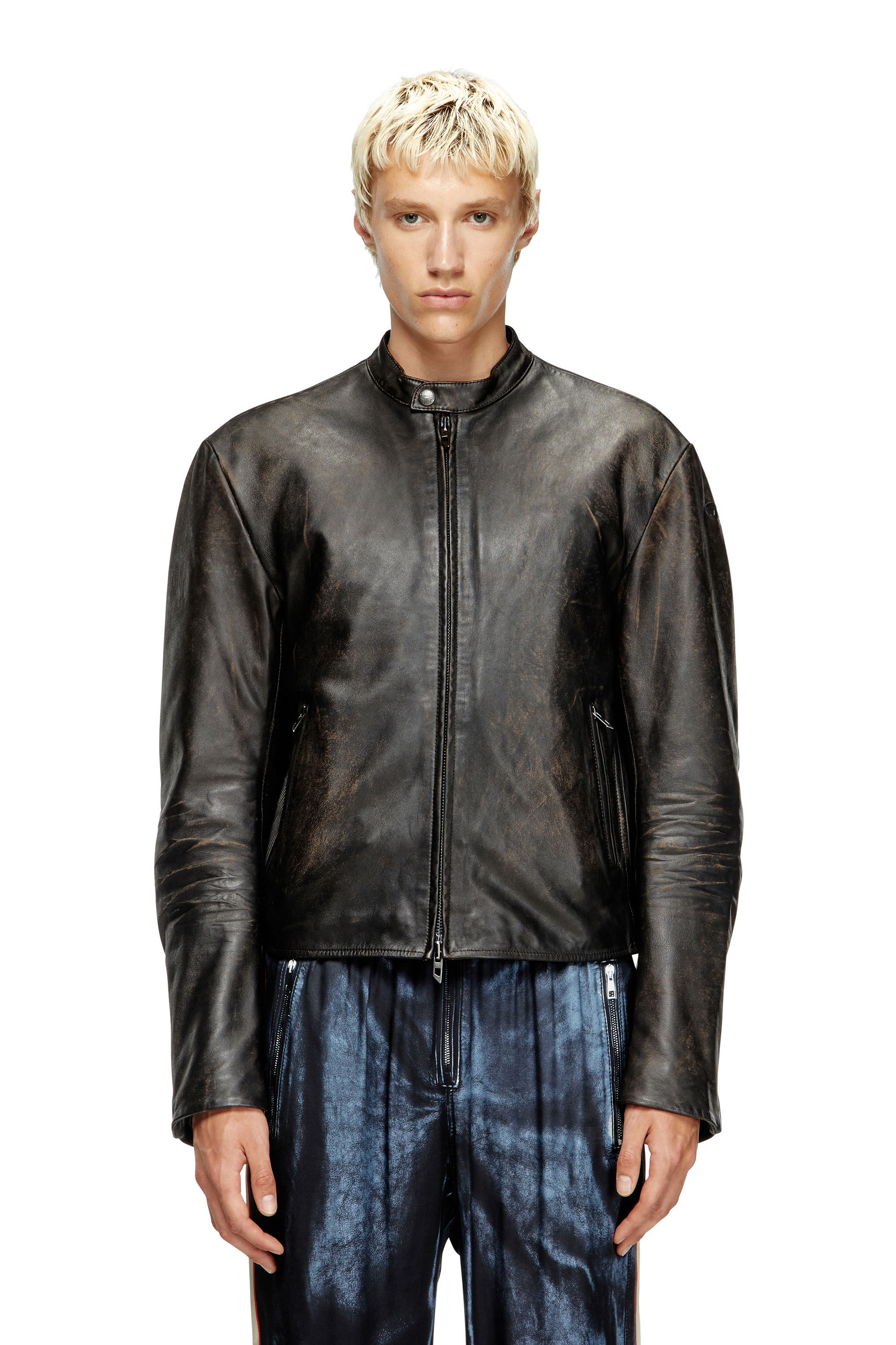 Diesel - L-AROSS, Man's Distressed leather biker jacket in Brown - 3