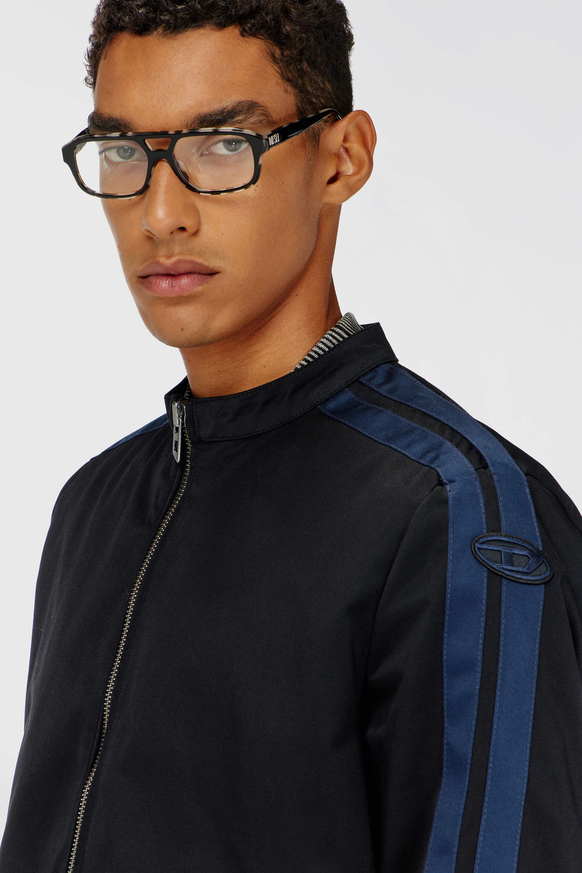 Diesel - J-NAEL, Man's Sporty biker jacket in technical cotton blend in Blue/Black - 5