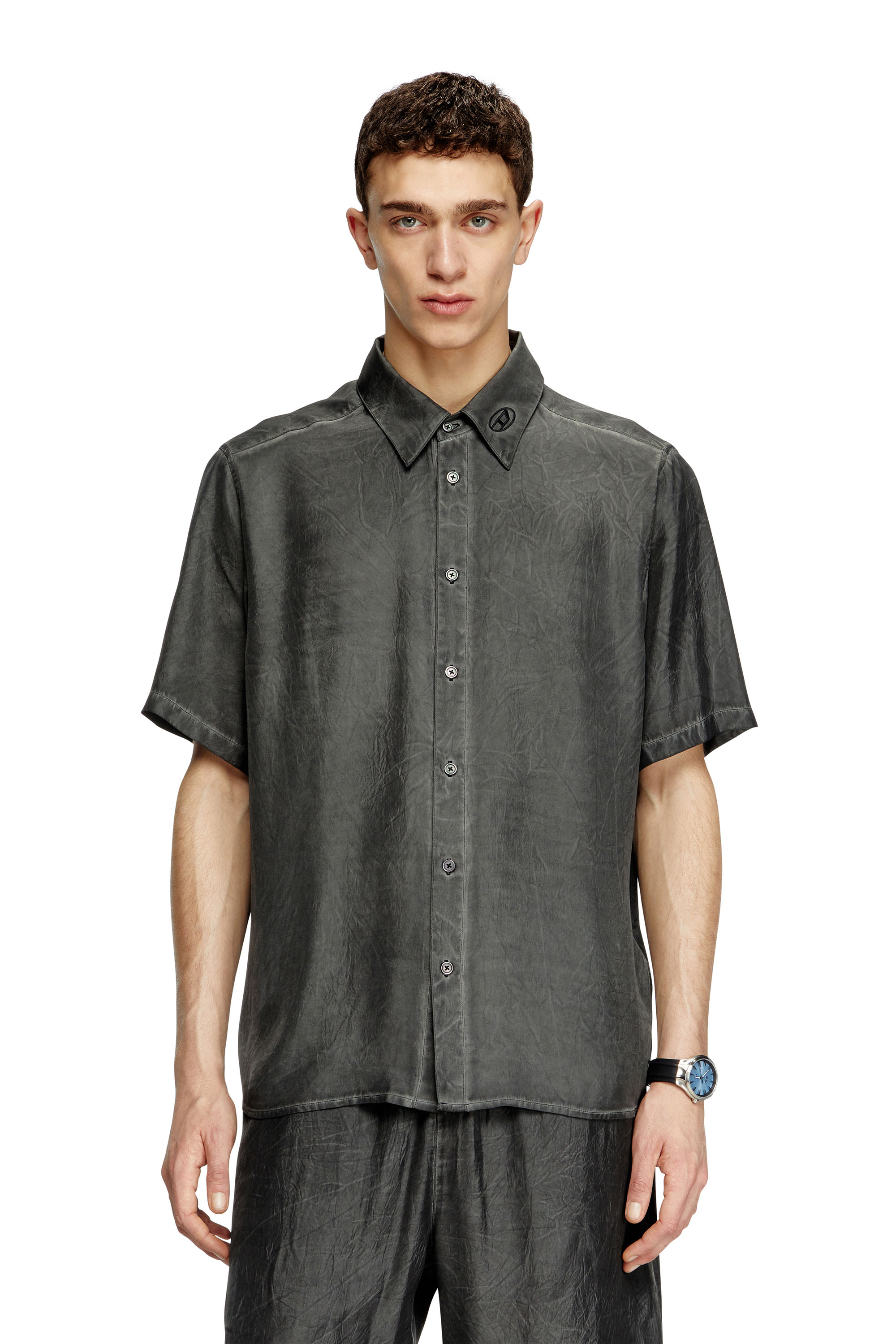 Diesel - S-LEON-SHORT, Unisex's Crinkled short-sleeve shirt with logo collar in Black - 2