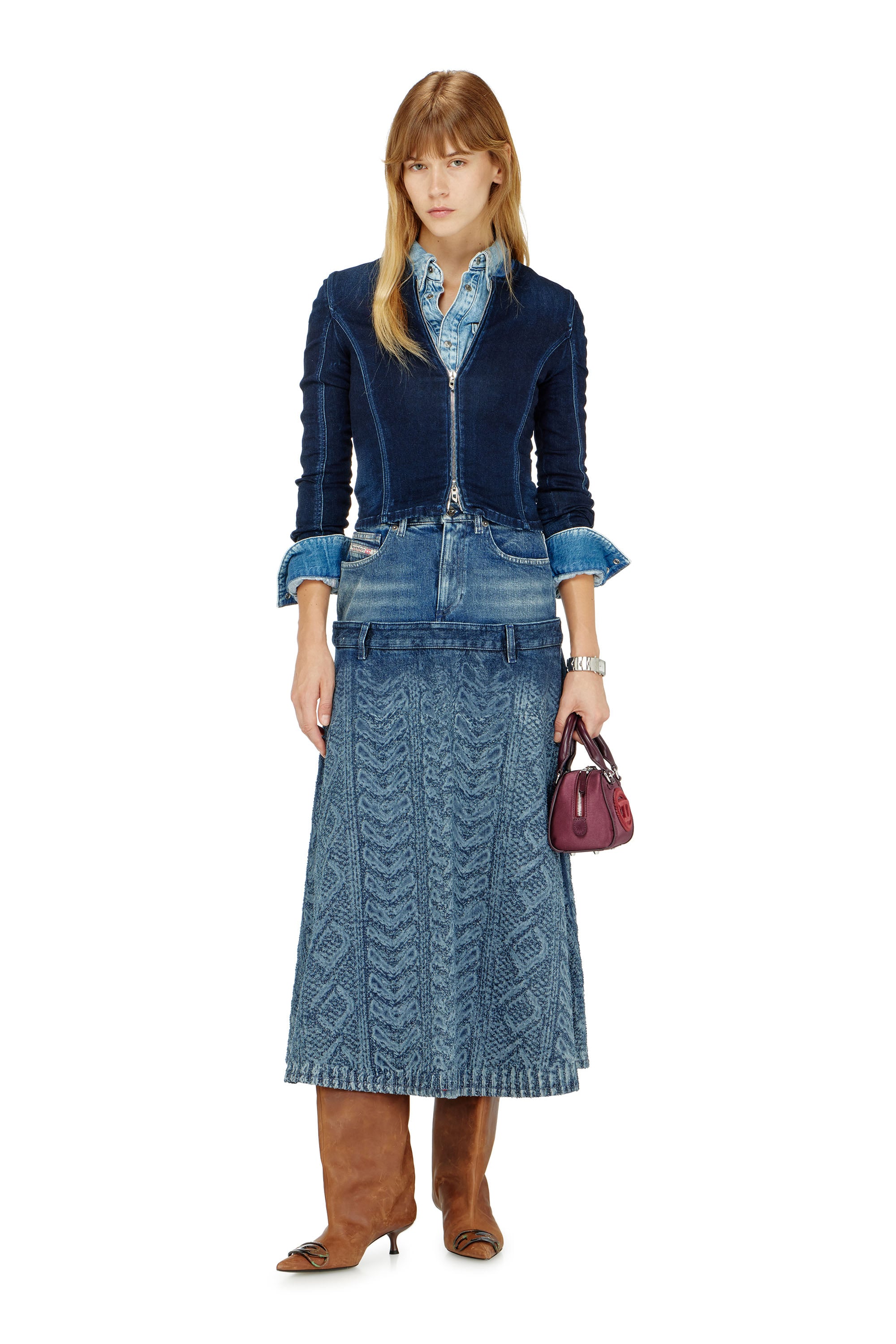 Diesel - DE-VORYA-S1, Woman's Midi skirt in cable-knit-effect denim in Dark Blue - 1