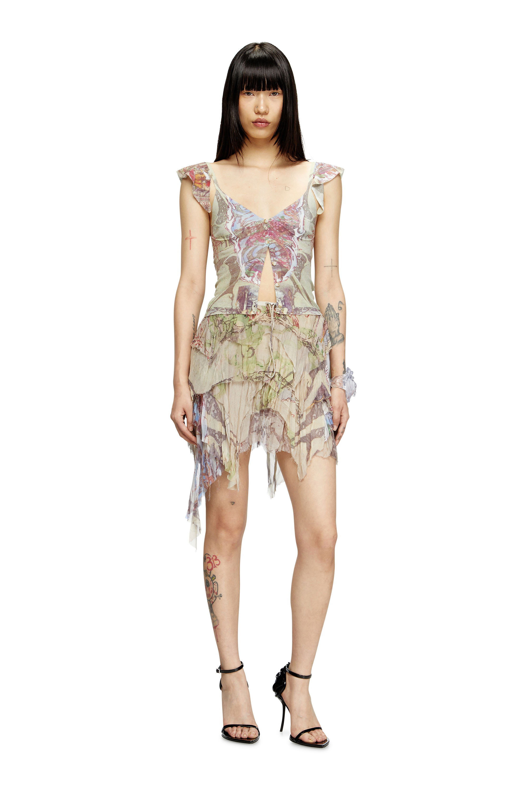 Diesel - M-FIORE, Woman's Ruffle-shoulder knit top with medieval print in Beige - 1