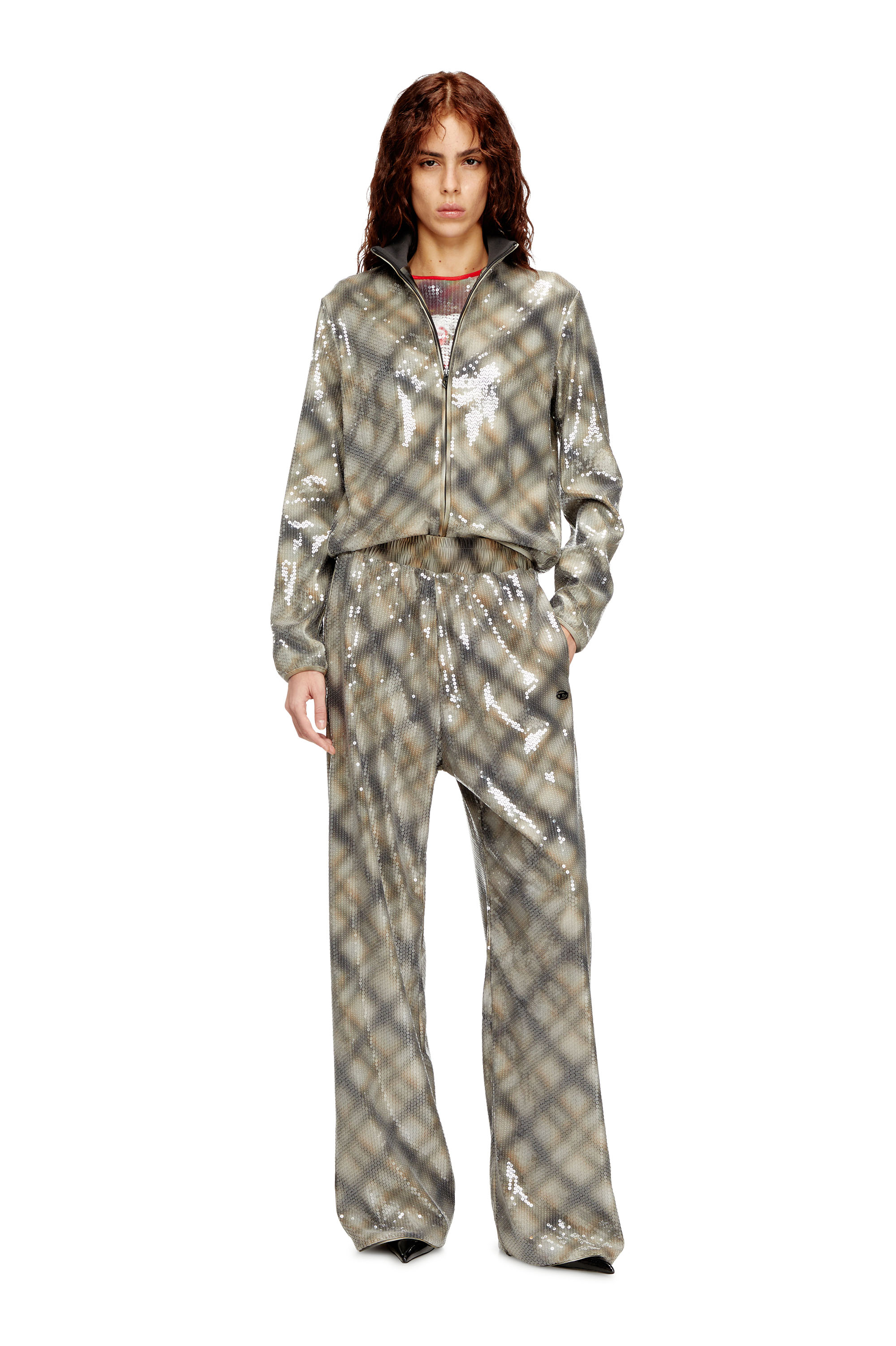 Diesel - P-ERQUEEN, Woman's Sequined pants in with plaid design in Beige/Grey - 1