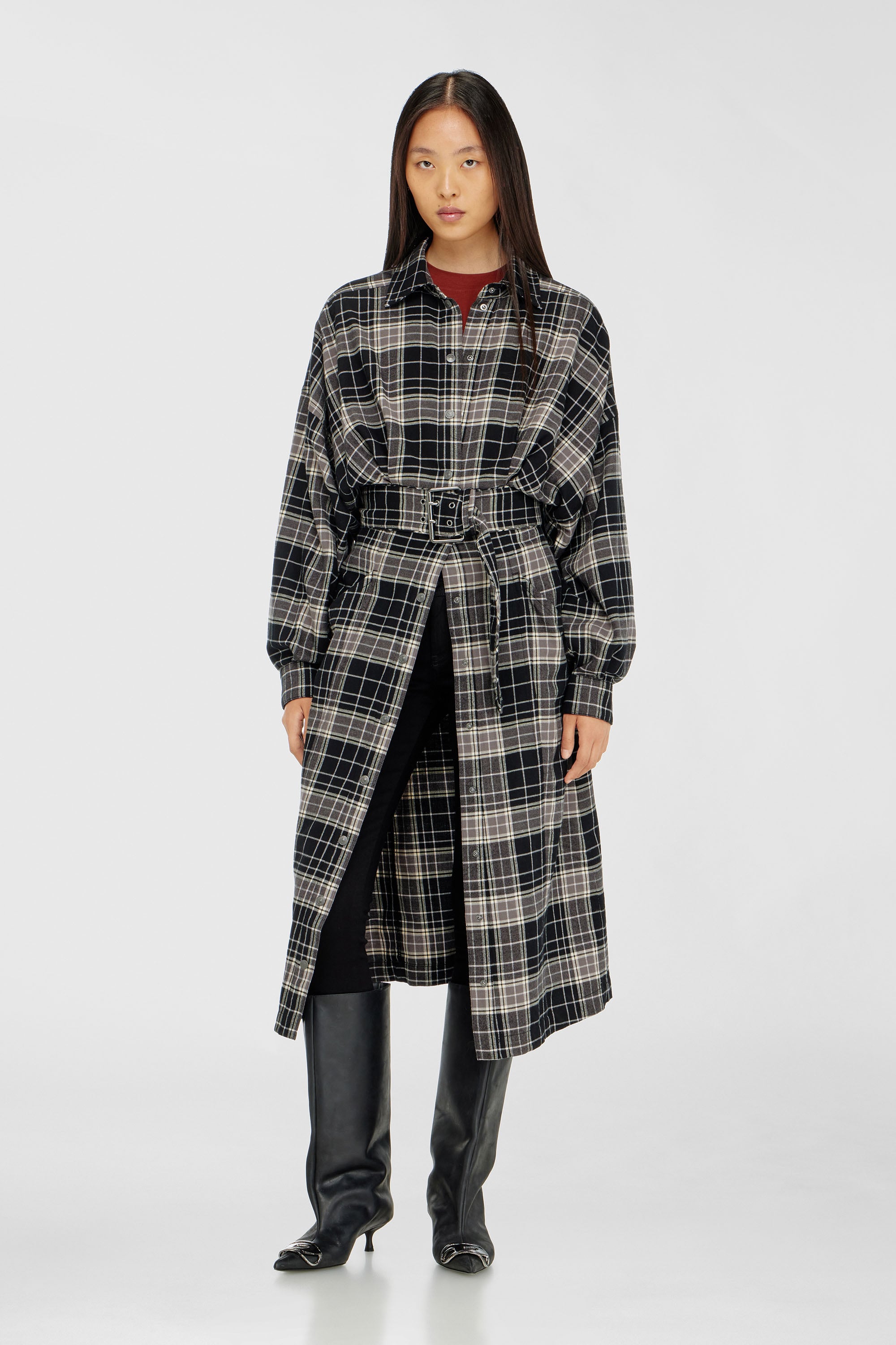 Diesel - D-EDALUS, Woman's Midi dress in check flannel with wide belt in Grey/Black - 1
