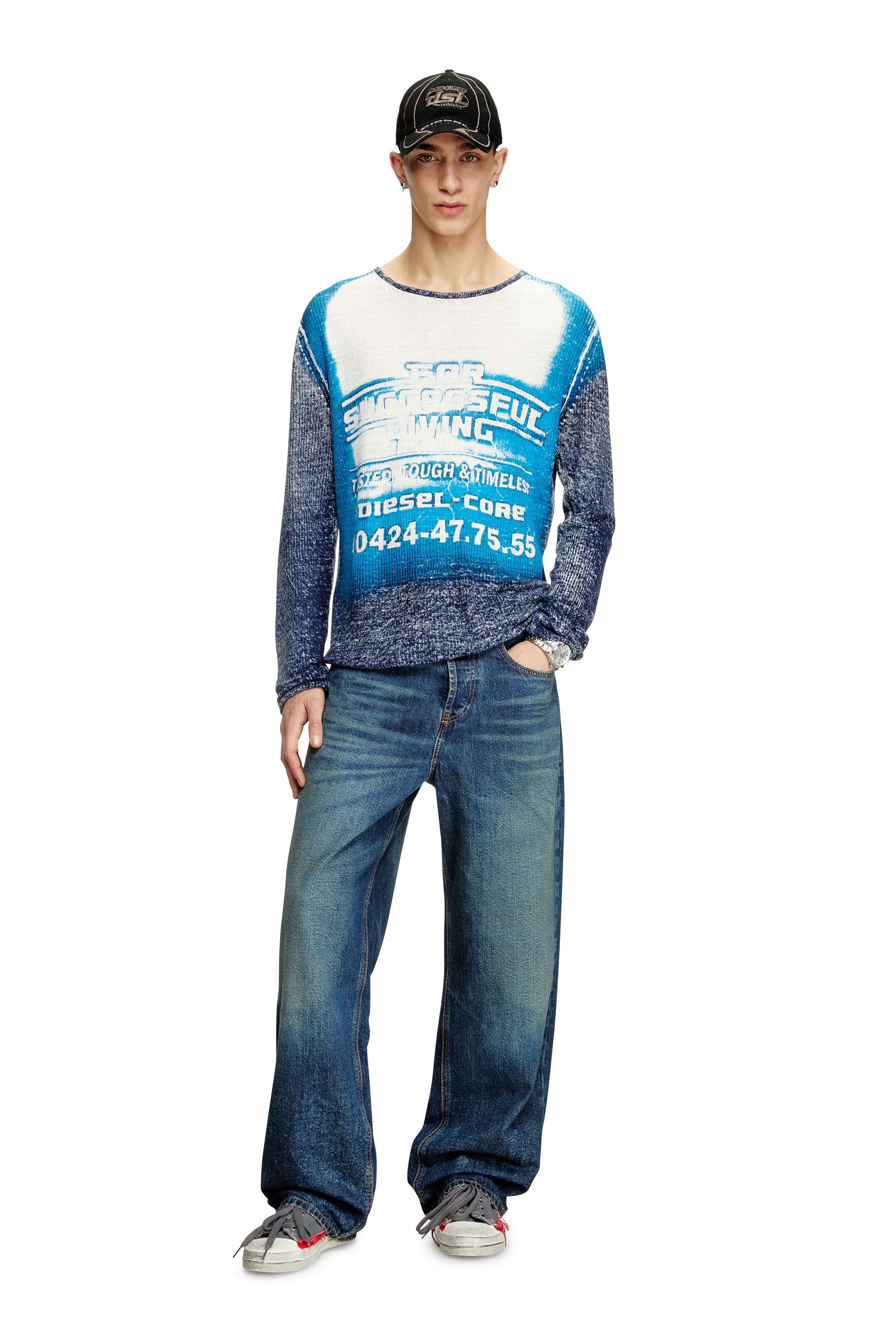 Diesel - K-ROD, Man's Linen jumper with logo graphic in Blue - 2