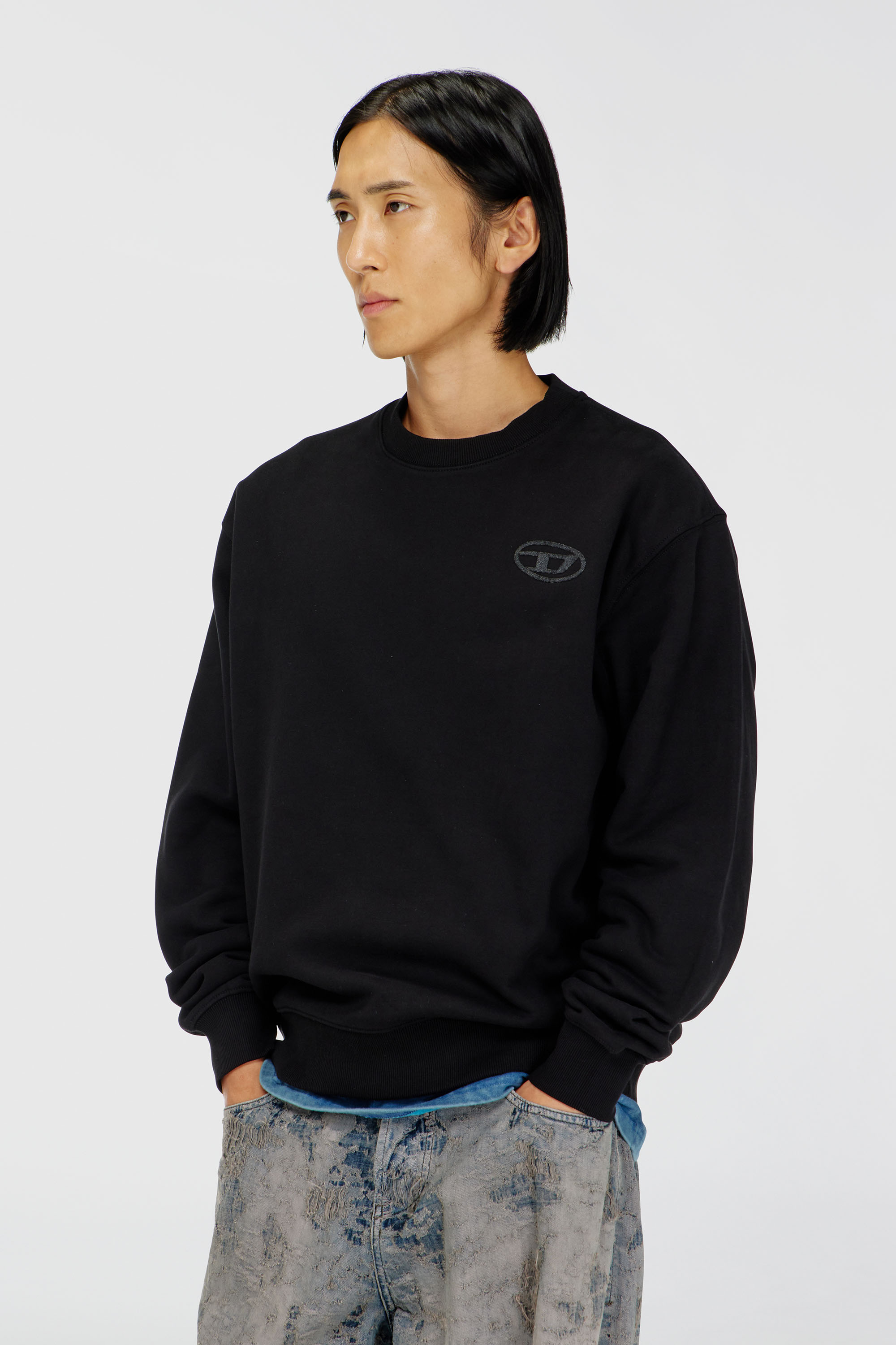 Diesel - S-LUK-R-T92, Man's Cotton sweater with tonal Oval D logo embroidery in Black - 1