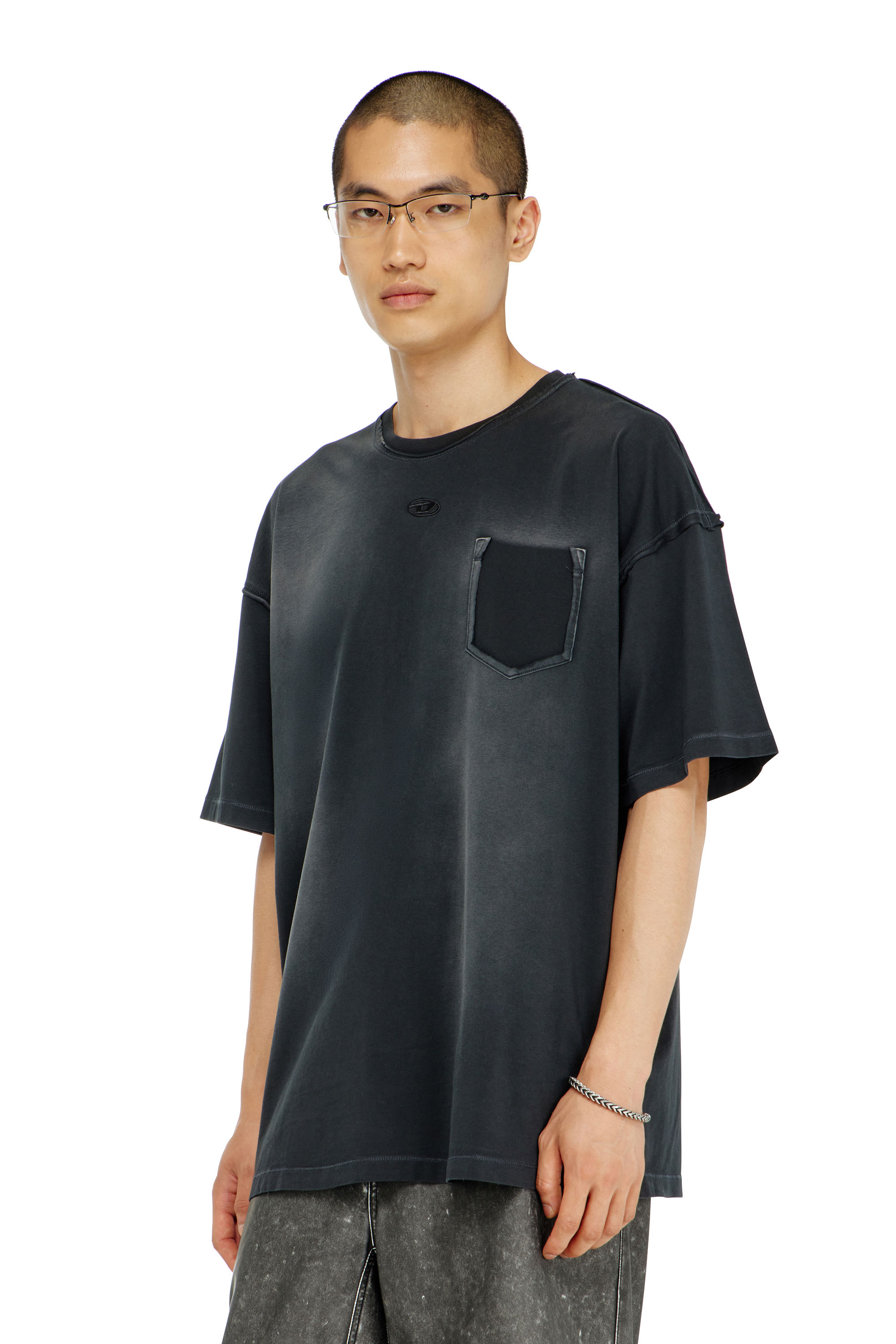 Diesel - T-POCK, Man's Faded T-shirt with ripped pocket detail in Black - 1