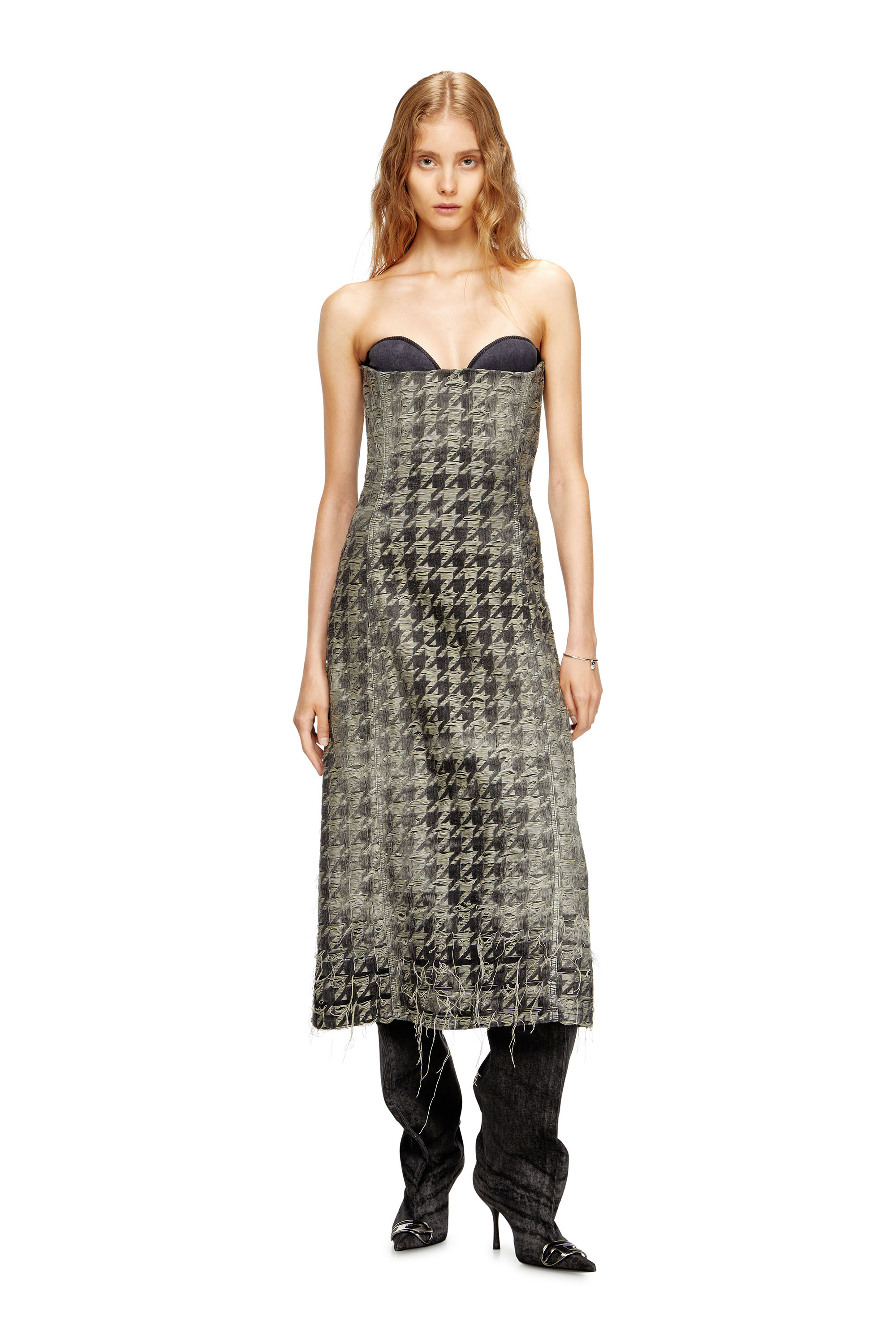 Diesel - DE-OLIVIA-FSH, Woman's Midi dress in houndstooth-weave denim in Black/White - 1