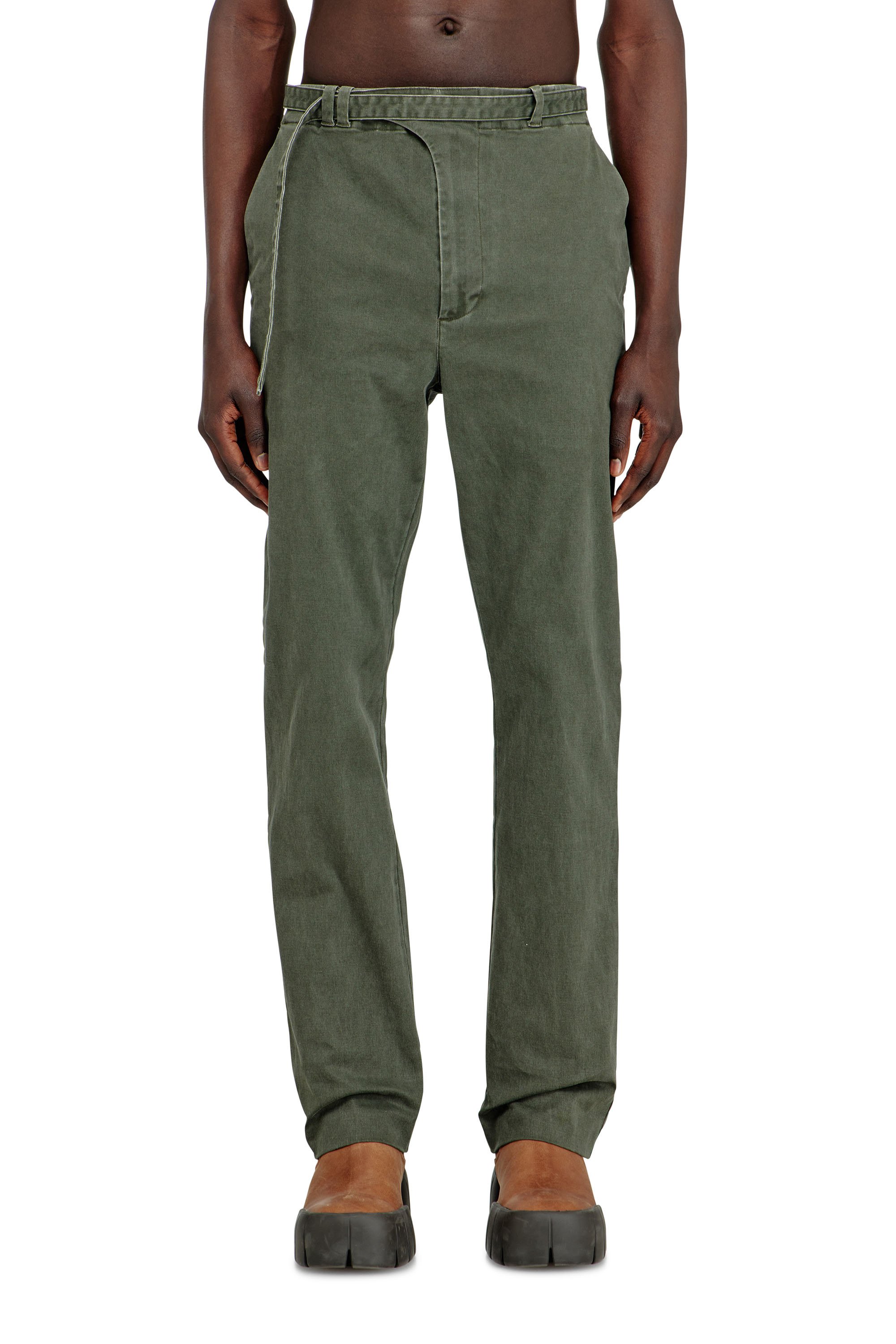 Diesel - P-NEDAR-CO, Man's Coated cotton-twill pants with biker strap in Green - 1
