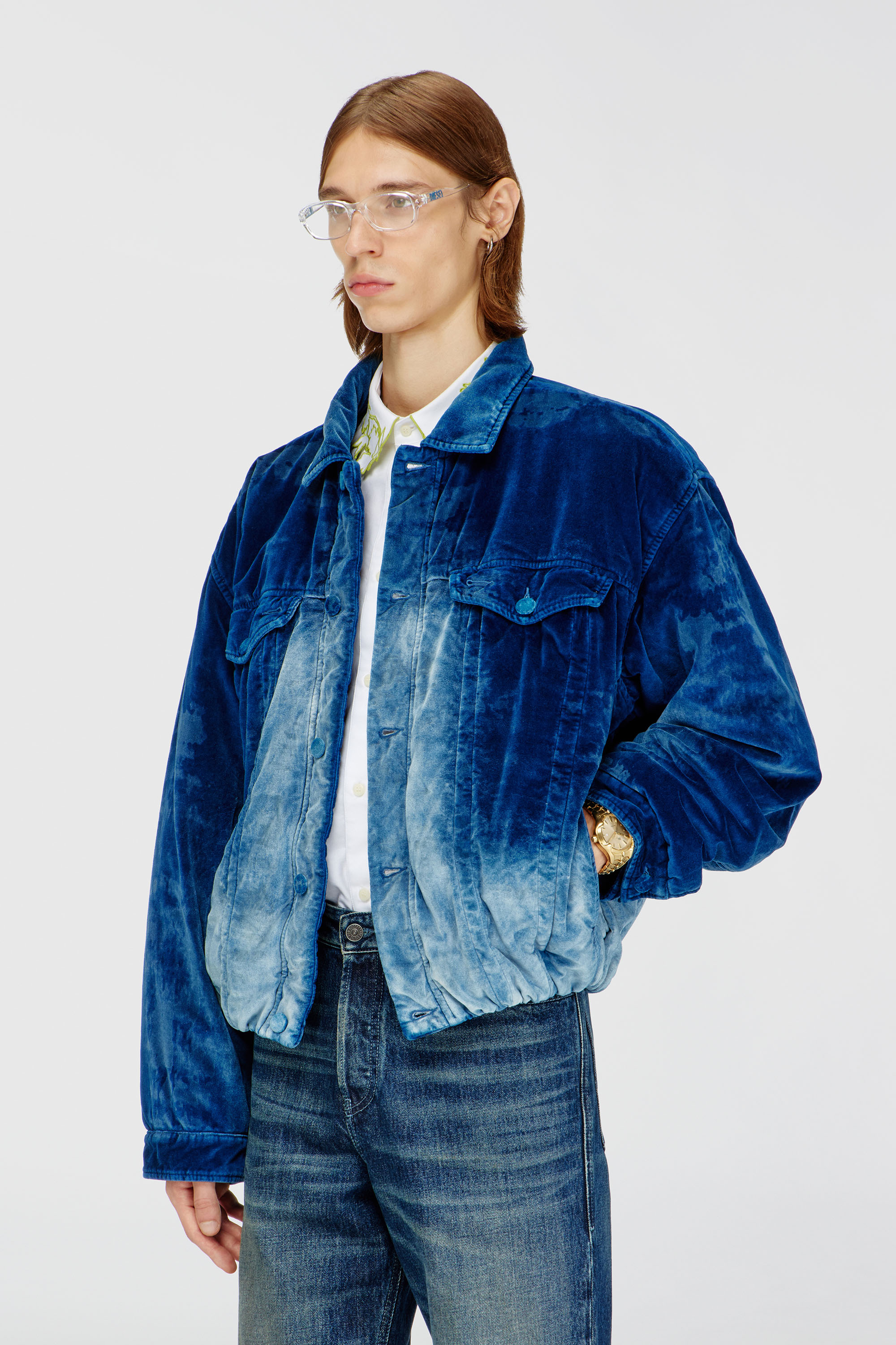 Diesel - D-MORVI-FSJ, Man's Elasticated trucker jacket in velvet denim in Dark Blue - 1