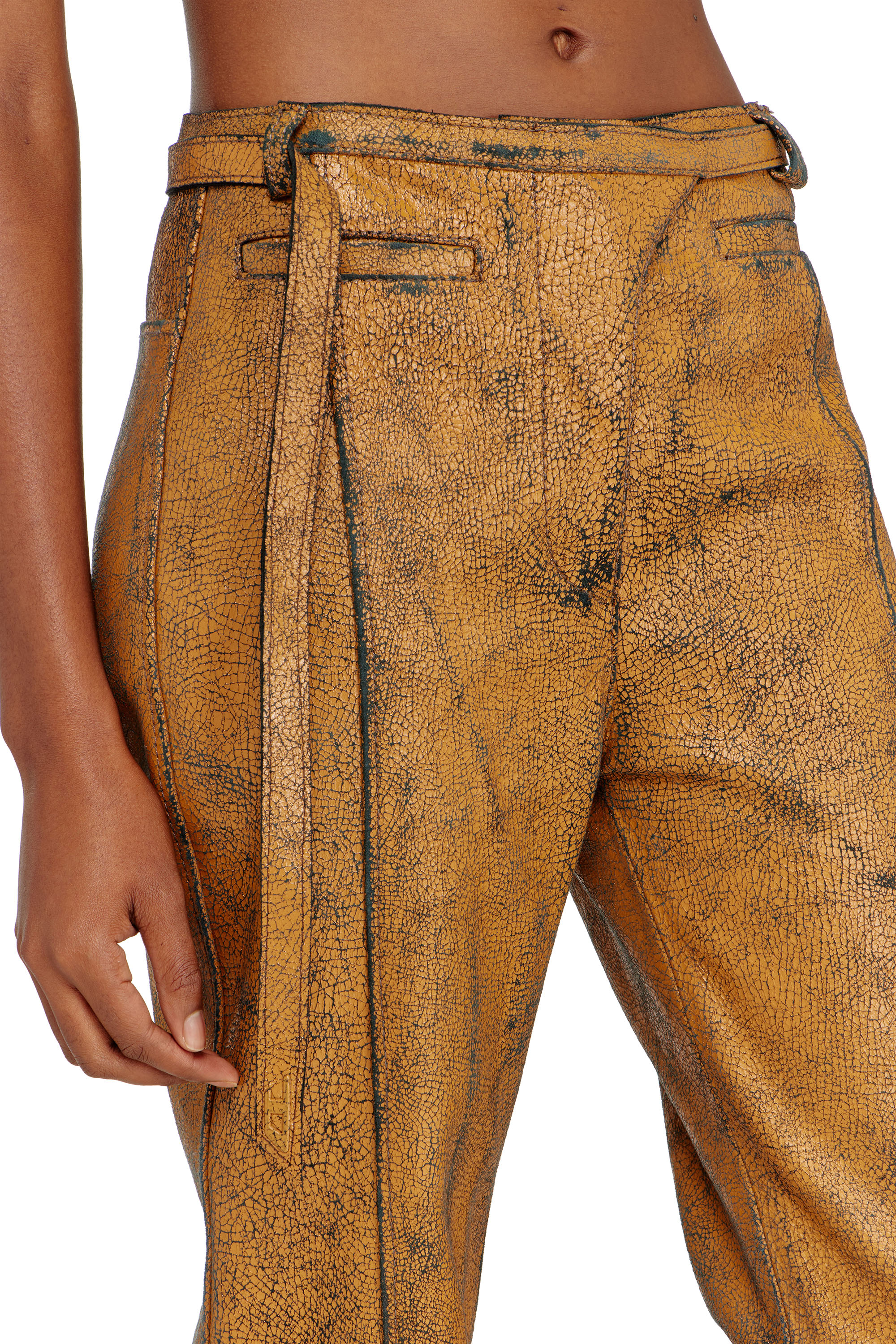 Diesel - L-CROC, Woman's Leather pants with crackled effect in Brown - 4