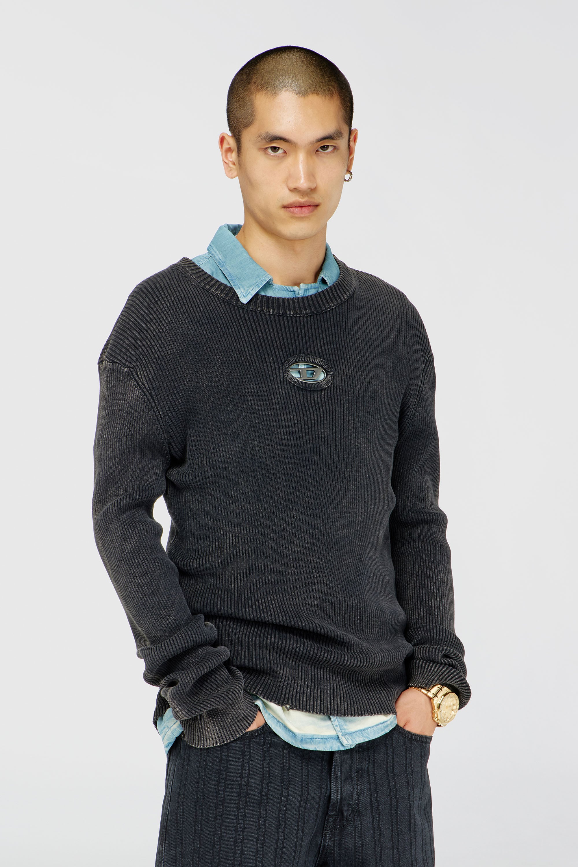 Diesel - K-DARIN-D, Man's Distressed jumper with cut-out logo in Black - 3