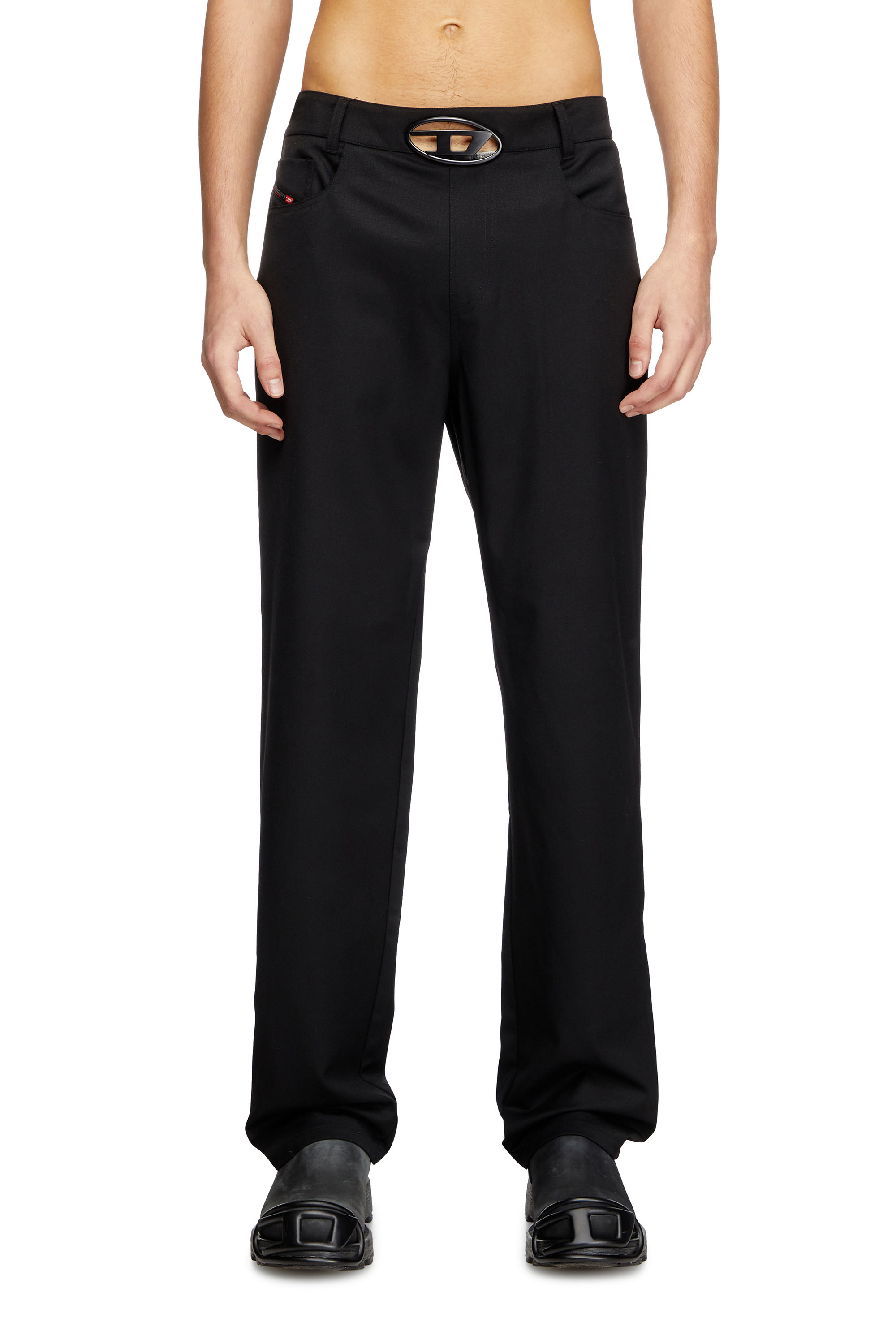 Diesel - P-DMAX, Man's Wool blend pants with D buckle waistband in Black - 1