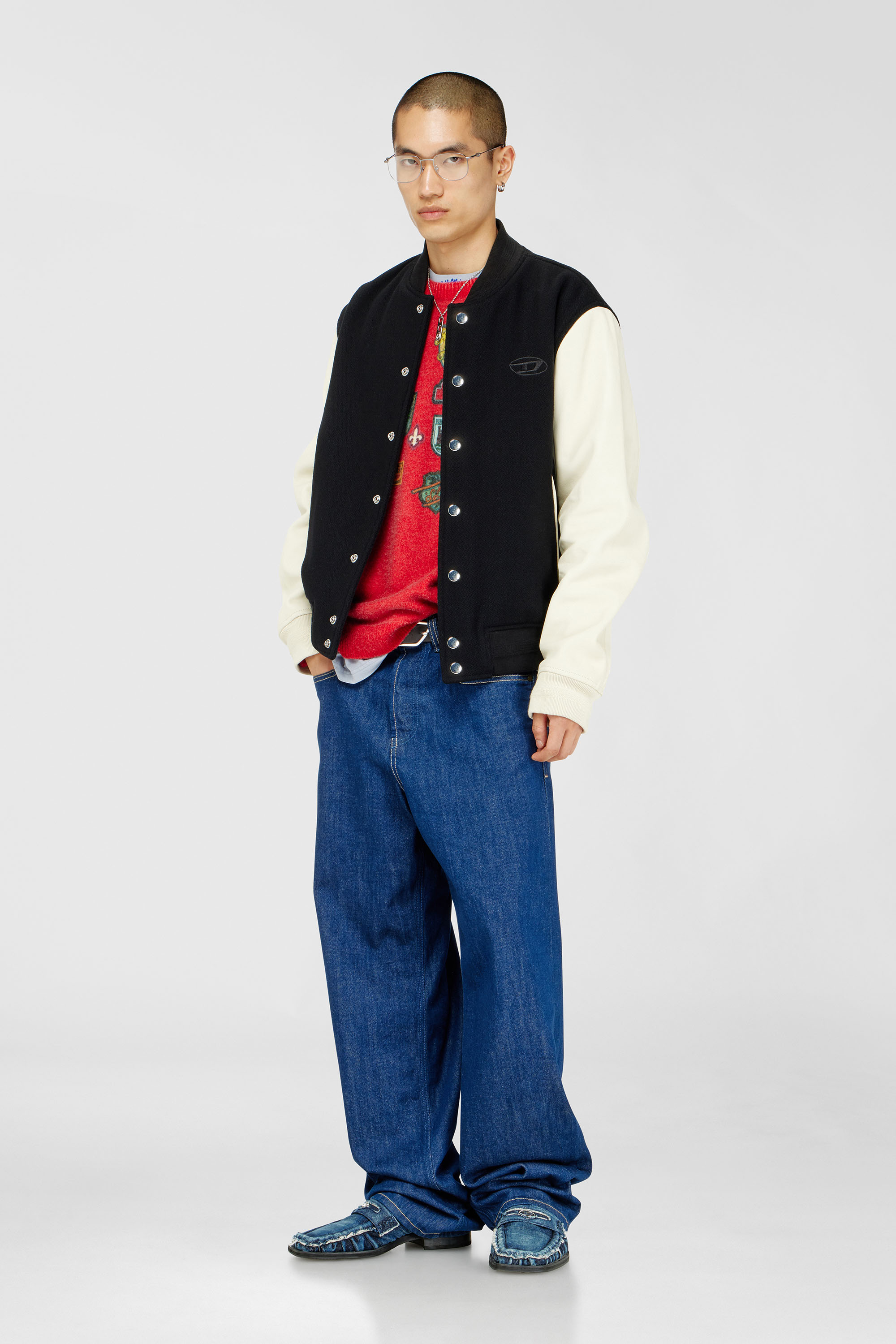 Diesel - L-ARRY-WRD, Man's Bomber jacket in wool blend and leather in Black/White - 1