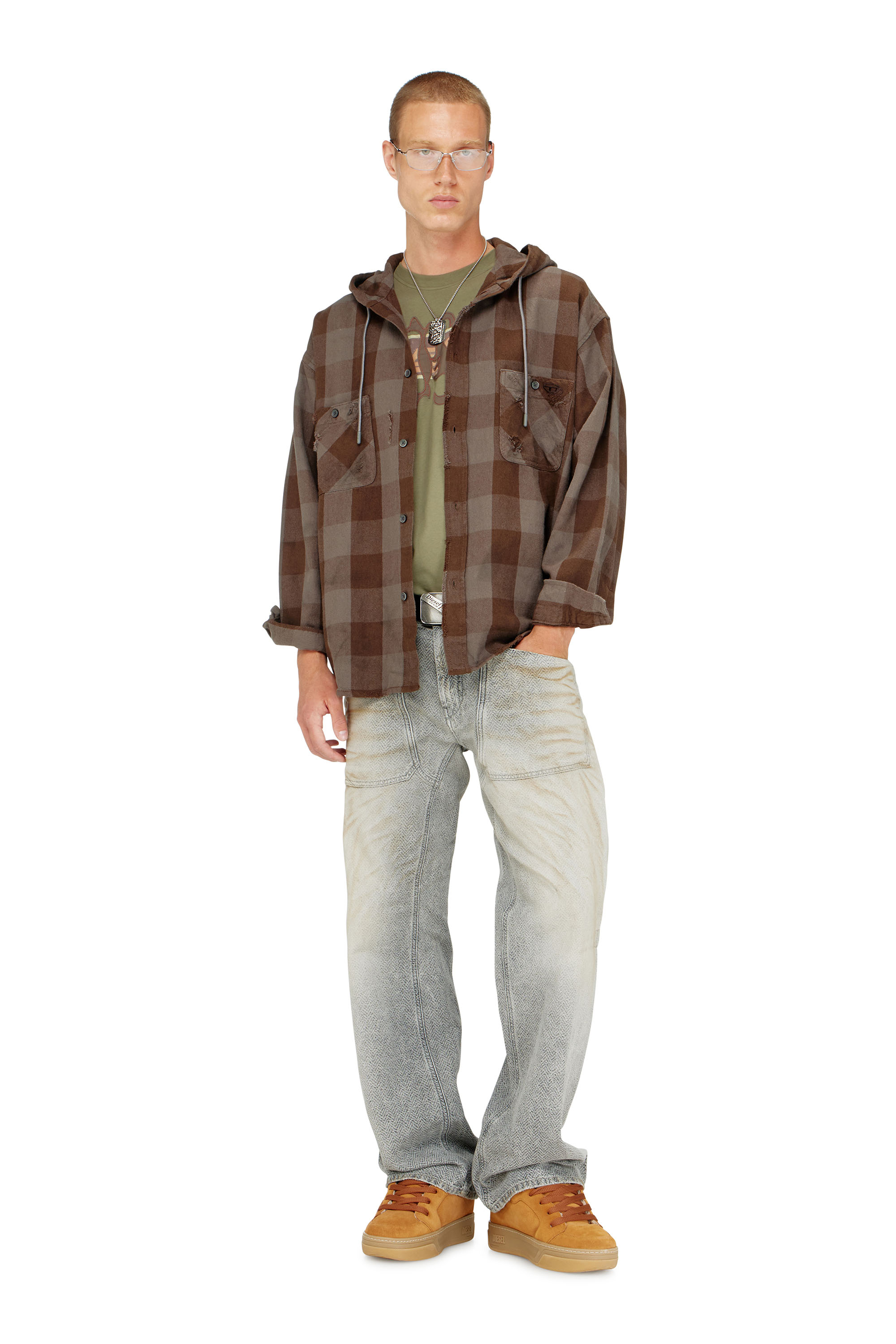 Diesel - S-DRUM-HOODY, Man's Distressed hooded shirt in check flannel in null - 1