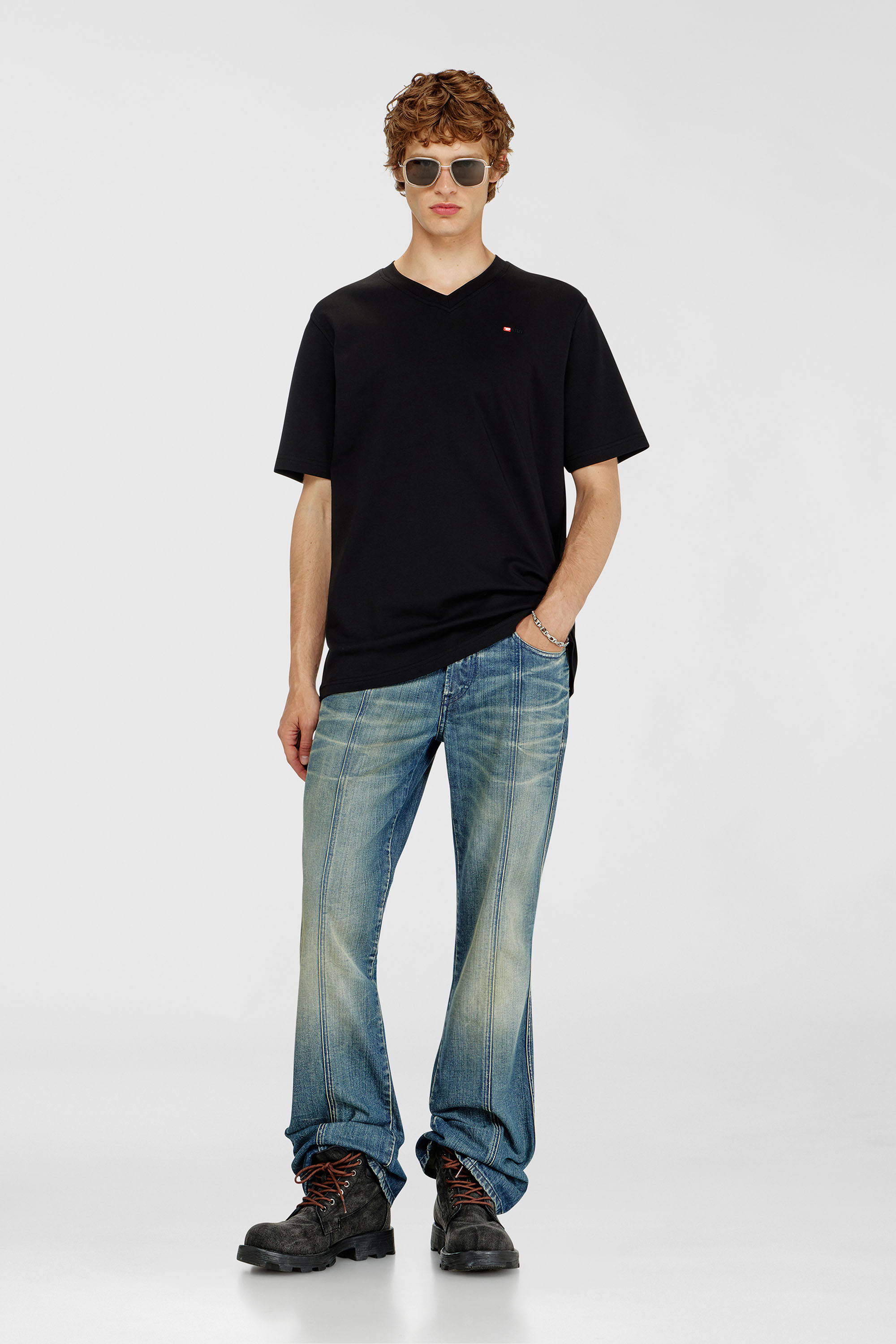 Diesel - T-ADJUST-V-MICRODIV, Man's V-neck T-shirt with micro logo embroidery in Black/Red - 2